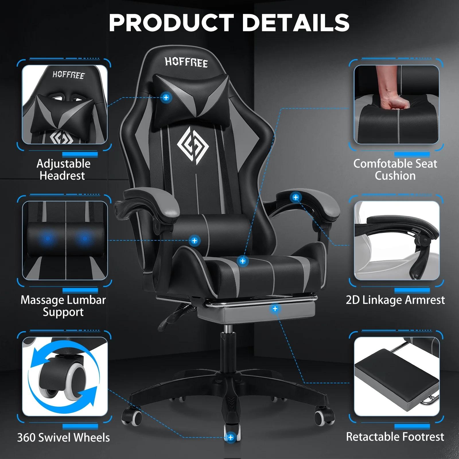 Hoffree Gaming Chair Massage Game Chair with Footrest and Massage Lumbar Support Ergonomic Computer Chair Height Adjustable with Swivel Seat and Headrest