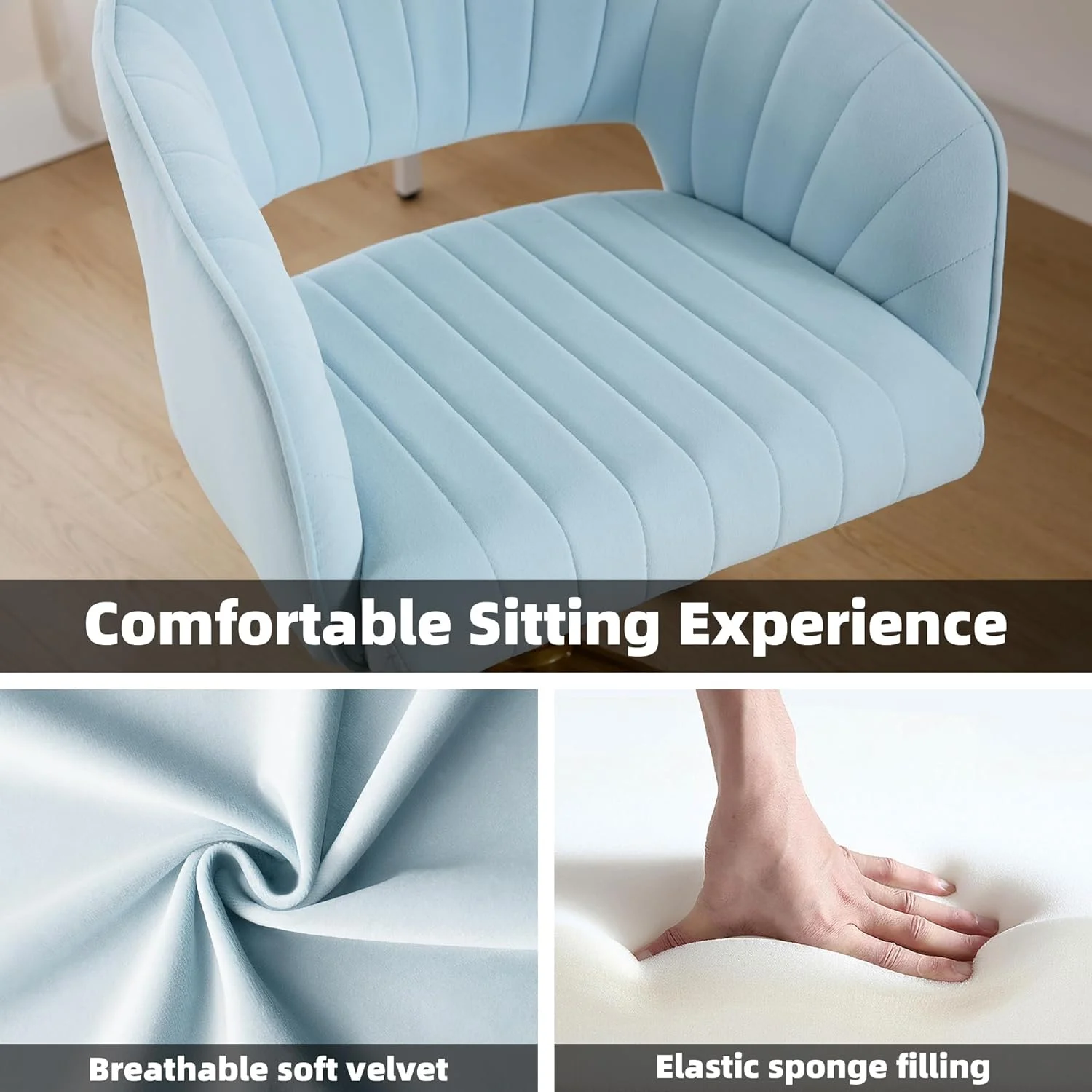 Westice Home Office Desk Chairs, Velvet Task Chair, Height Adjustable Swivel Vanity Chair with Golden Base for Vanity Study, Living Room Computer Room, Beige