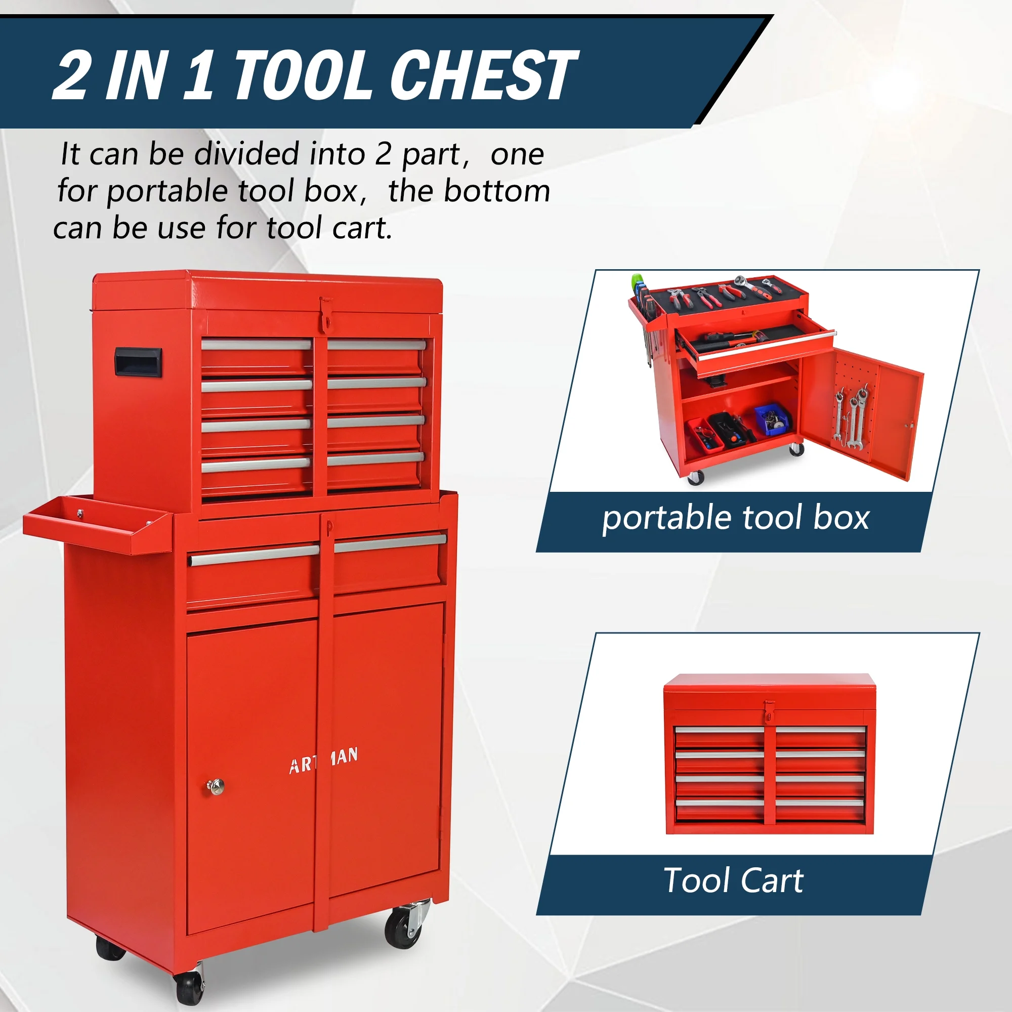Tool Chest, 5-Drawer Rolling Tool Storage Cabinet with Detachable Top Tool Box, Universal Lockable Wheels