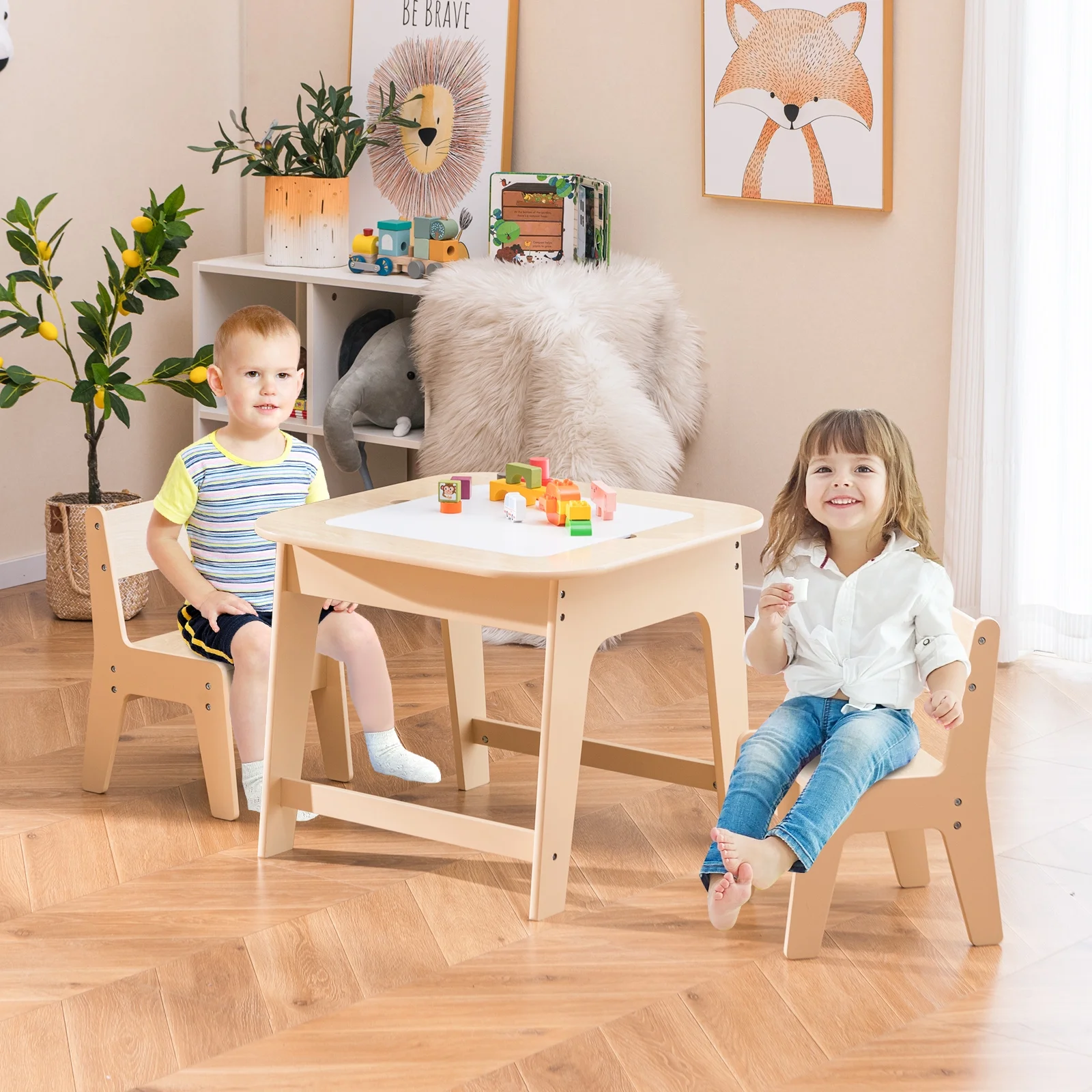 OLAKIDS Kids Table and Chair Set, 3 in 1 Wooden Activity Table with Removable Tabletop, Blackboard and Whiteboard for Toddlers Arts Crafts Drawing Reading Playing, Playroom Nursery (Natural)