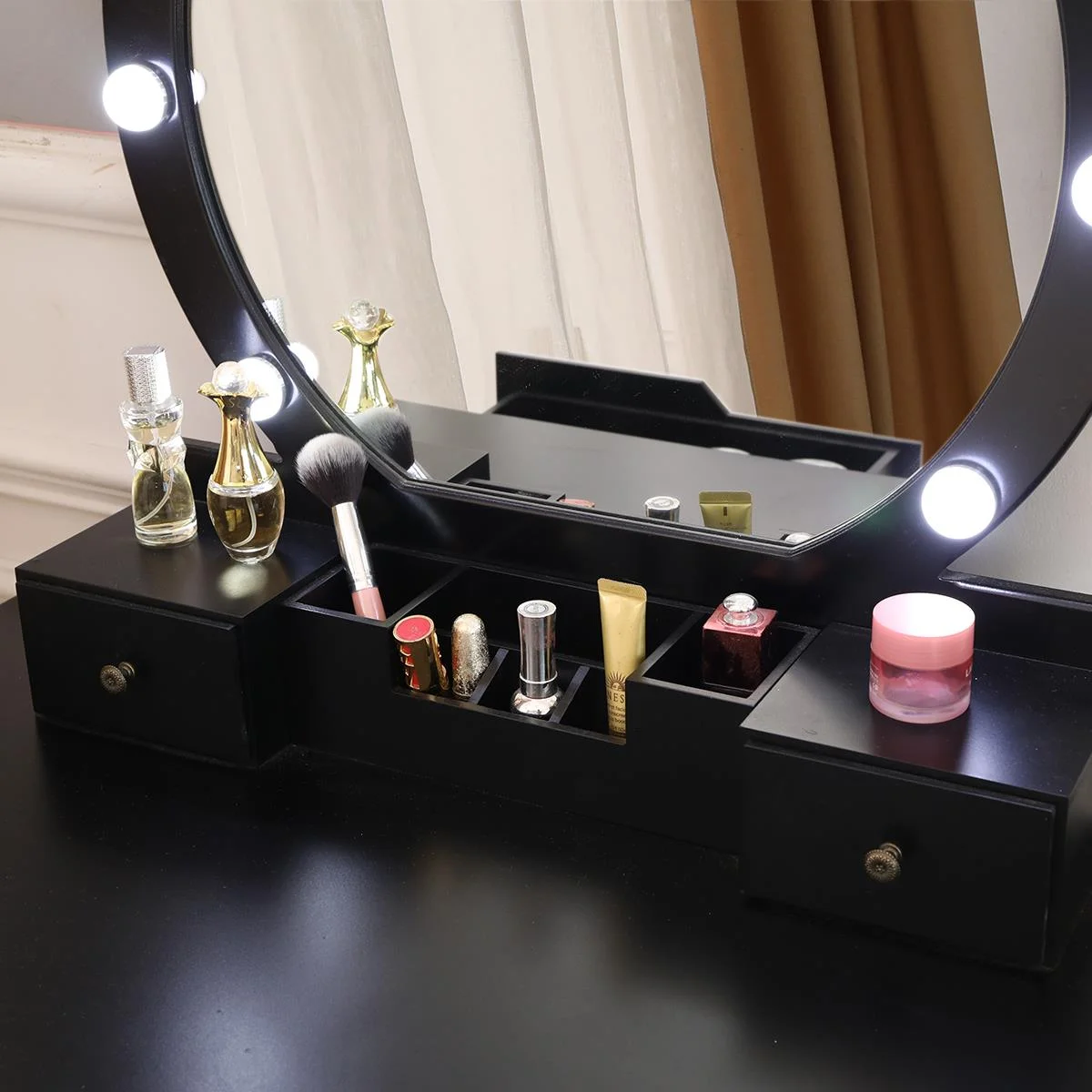 Ktaxon Vanity Set with Round Lighted Mirror, Makeup Dressing Table with 8 Light Bulbs & Cushioned Stool Set,Bedroom Vanities Set Black
