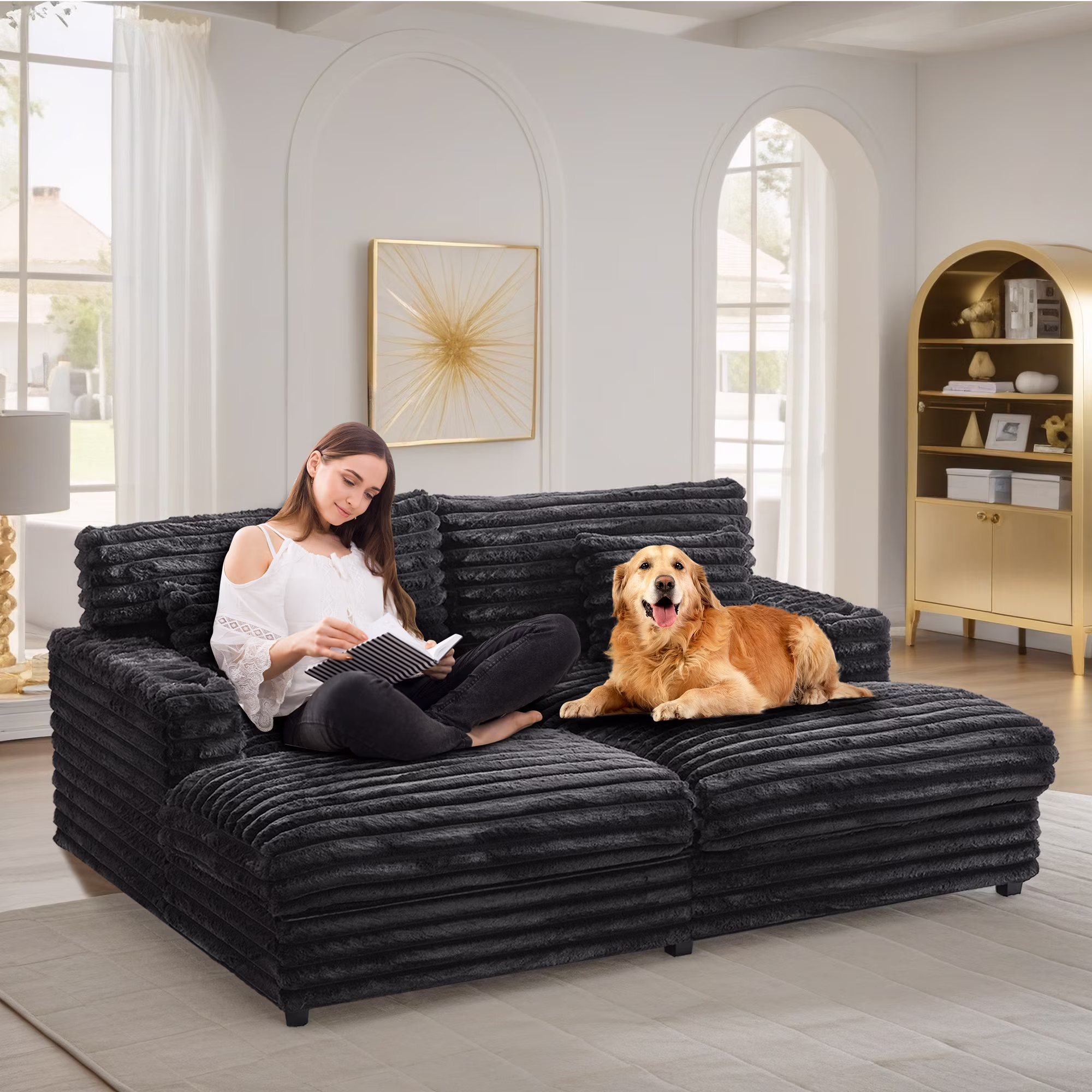 Oversized Double Chaise Lounge, Faux Fur Upholstered Deep Seat Sofa with 2 Pillows, 2 Cupholders, and Dual USB Ports