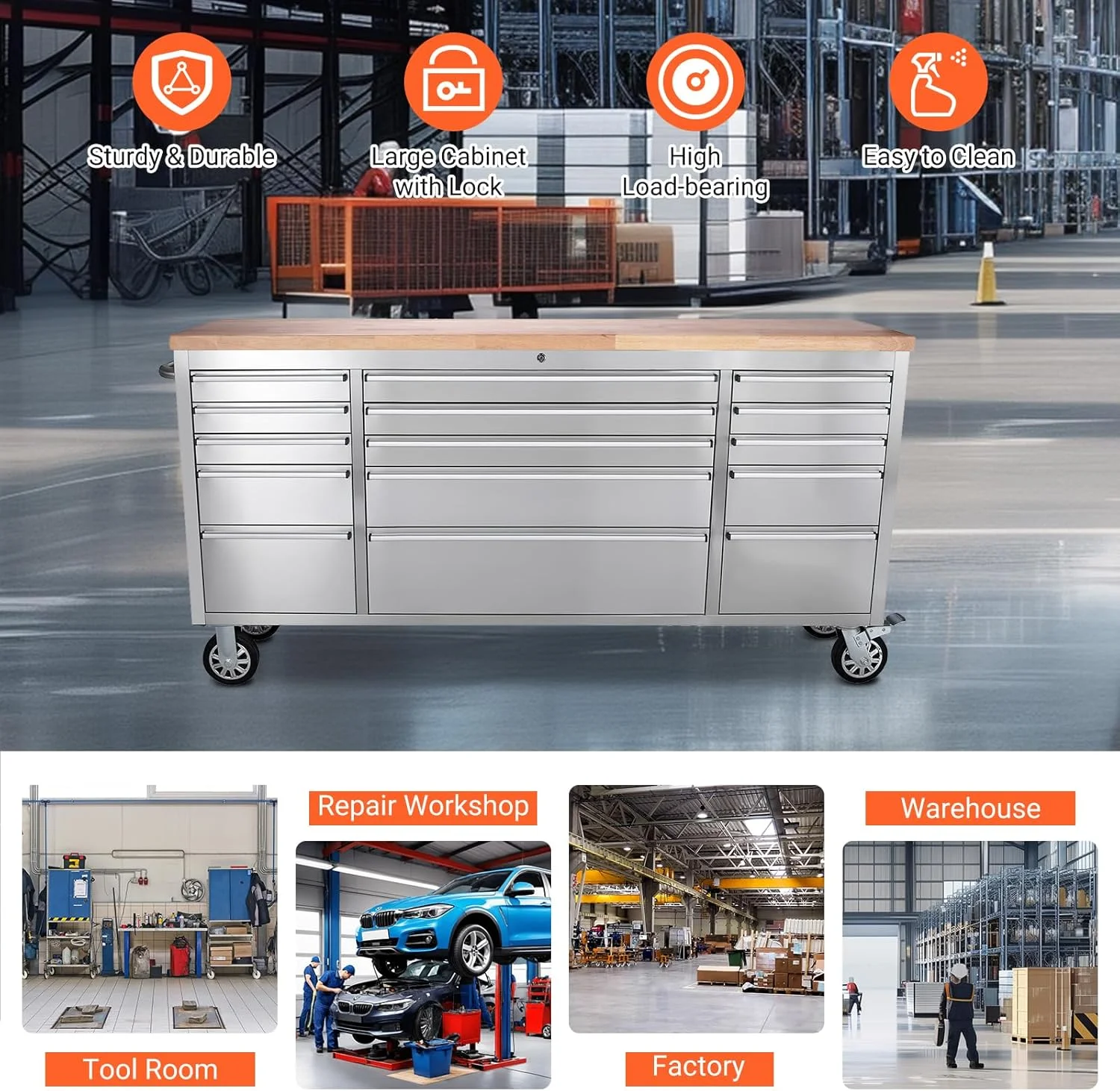 Kojooin 72-Inch Rolling Tool Cabinet, Large Rolling Tool Chest with 15-Drawer and Mobile Workbench, Heavy Duty Steel Storage Cabinet with Locking System for Warehouse, Garage, Basement