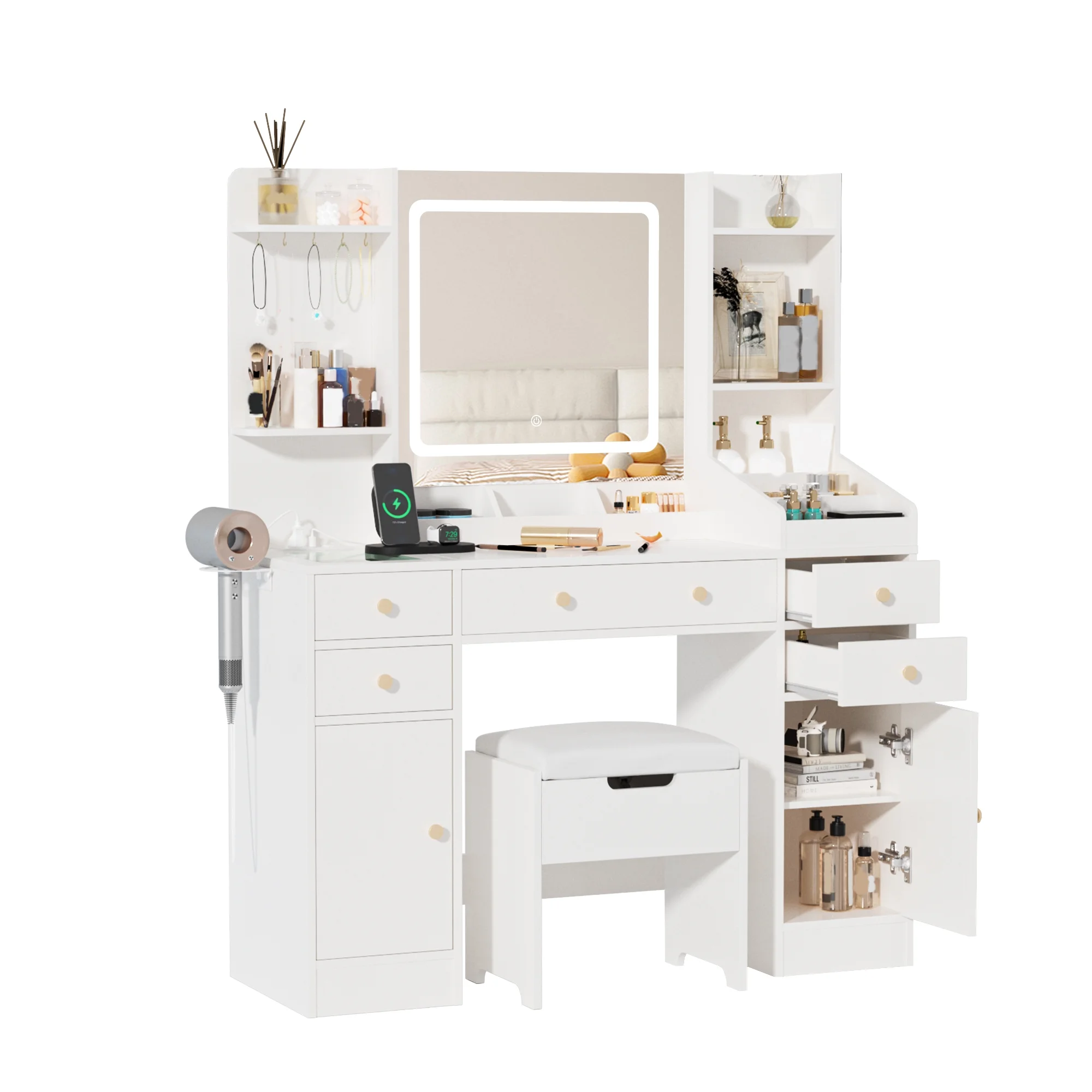 Vanity Set with Mirror and Lights, Makeup Table with Charging Station,5 Drawers & Storage Shelves, White