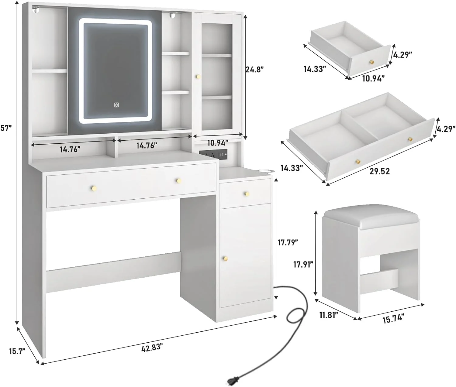 White Vanity Desk with Sliding Mirror & Lights, Vanity Table Makeup Desk with Charging Station 2 Drawers 2 Doors, Lots of Storage Shelves, Large Vanity Set with Cushioned Stool