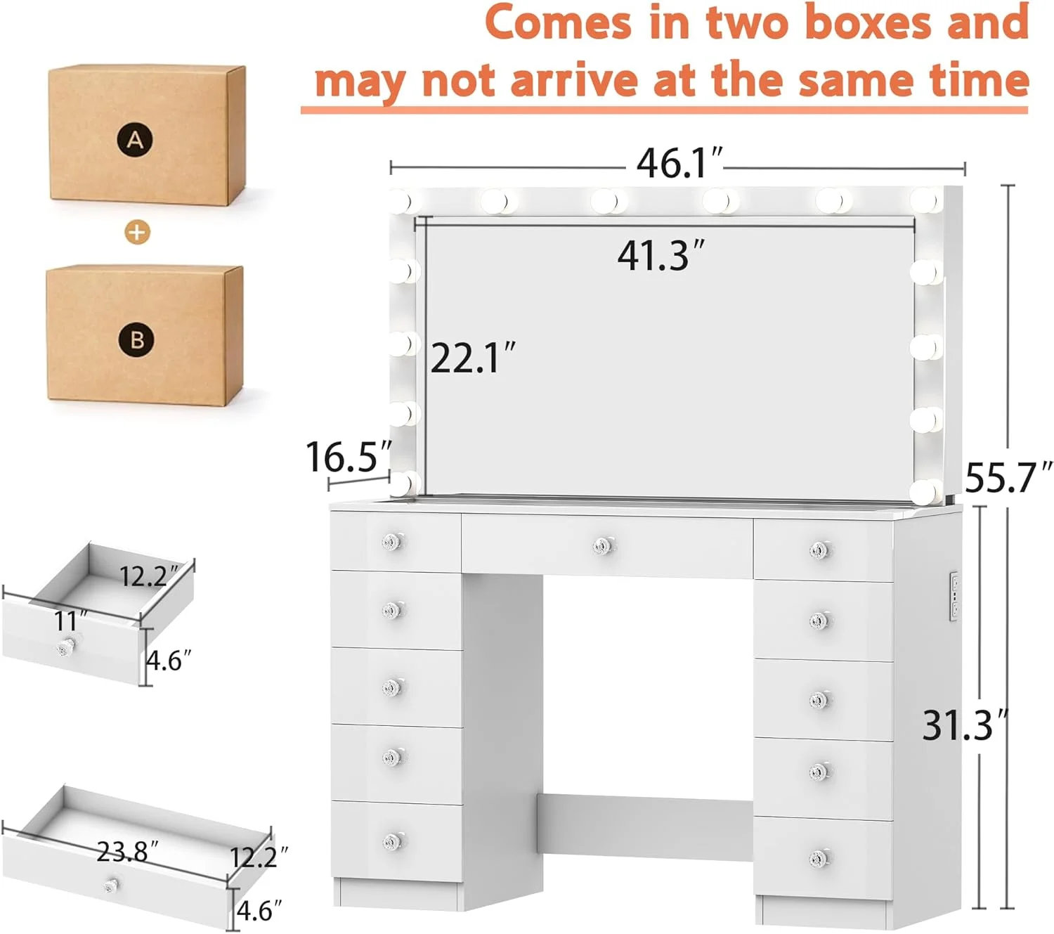 Linor Modern Adult Vanity Desk Set with Mirror, 14 LED Lights, 11 Drawers, Glass Top, White