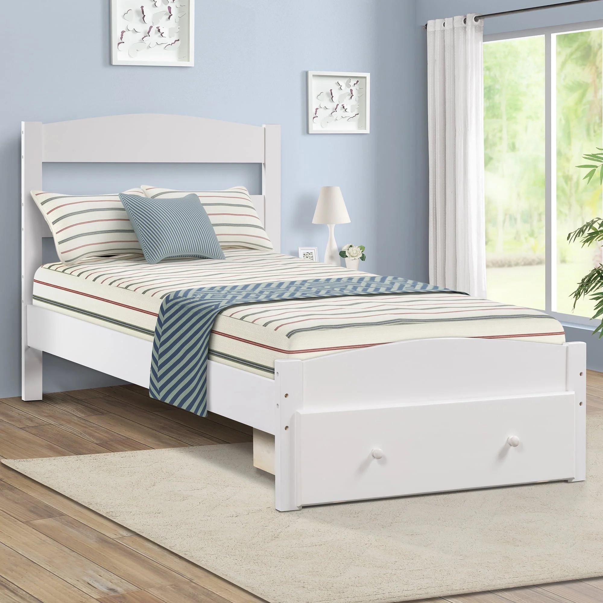 Twin Bed for Kids with Storage Drawer, Upgrade Pine Wood Bed Frame with Headboard and Footboard, Modern Kids Bed Furniture for Bedroom, Holds 275 lb, No Box Spring Needed, White
