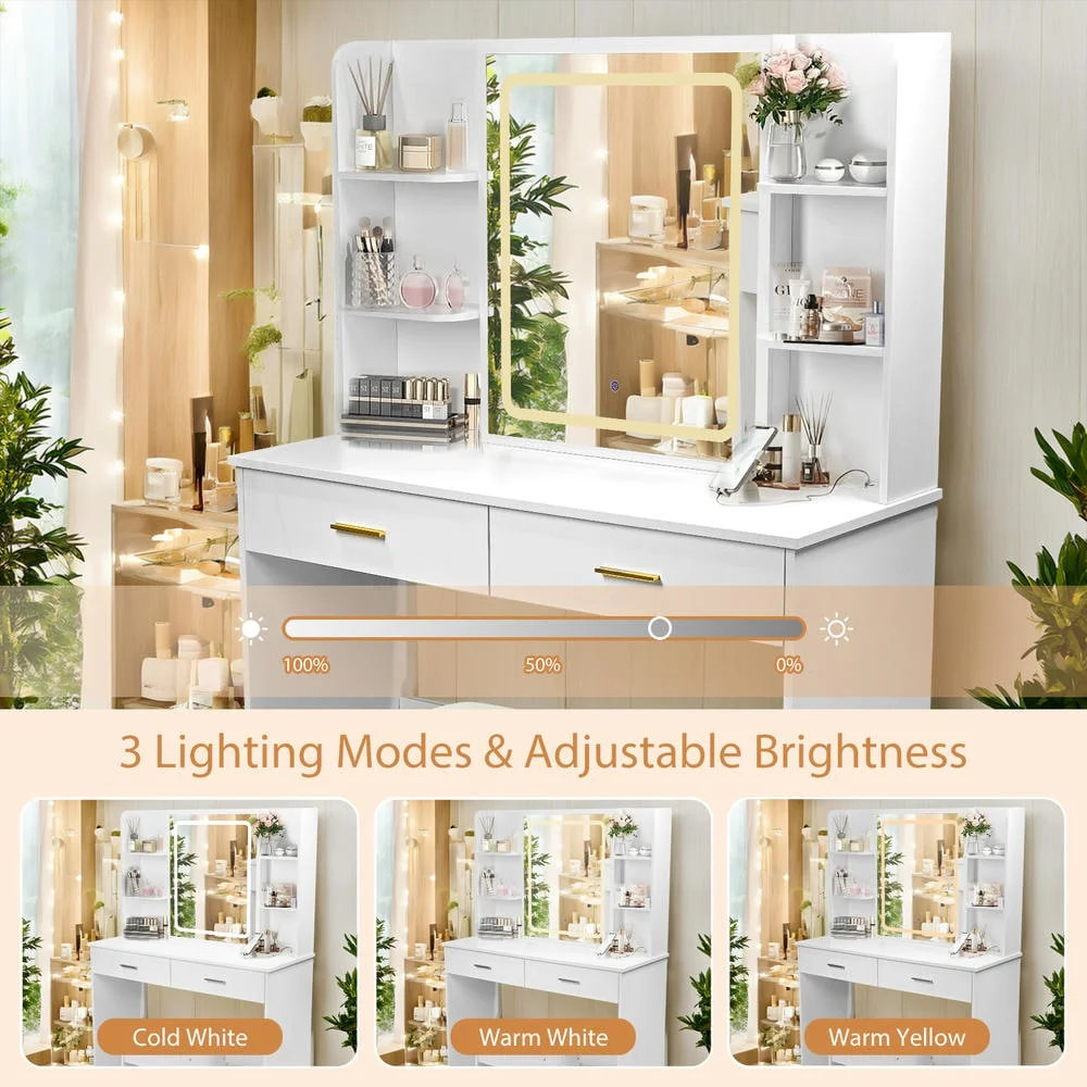 Kadyn Vanity Desk with Lighted Mirror, Vanity Table and Chair Set with 2 Drawers, Dressing Table Makeup Desk with 1 Door, Retro Gray