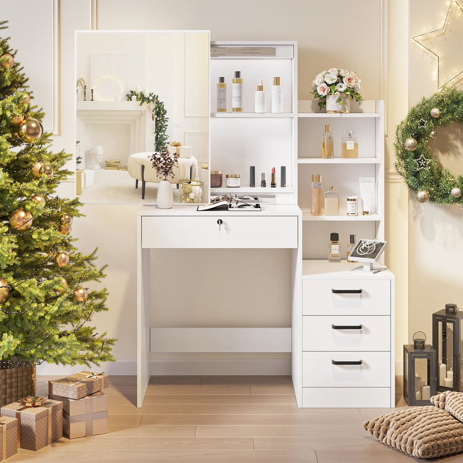 Furnibear Vanity Desk Set with Mirror and Light, Makeup Table with 2 Drawers and Cabinet, Power Outlet and 3 Color Modes Brightness Adjustable