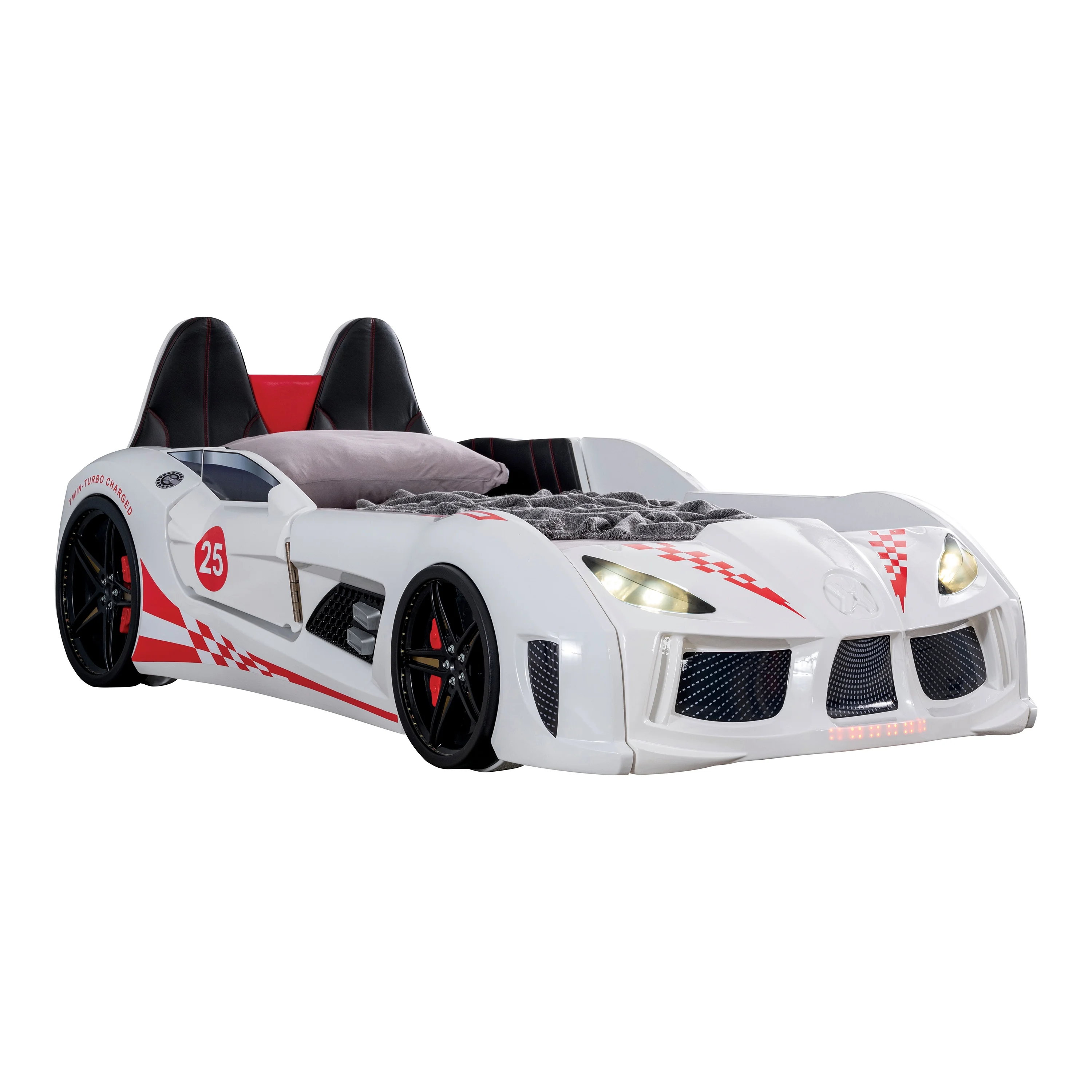Furniture of America Dash Kids Plastic Twin Race Car Bed with LED and Sound, White