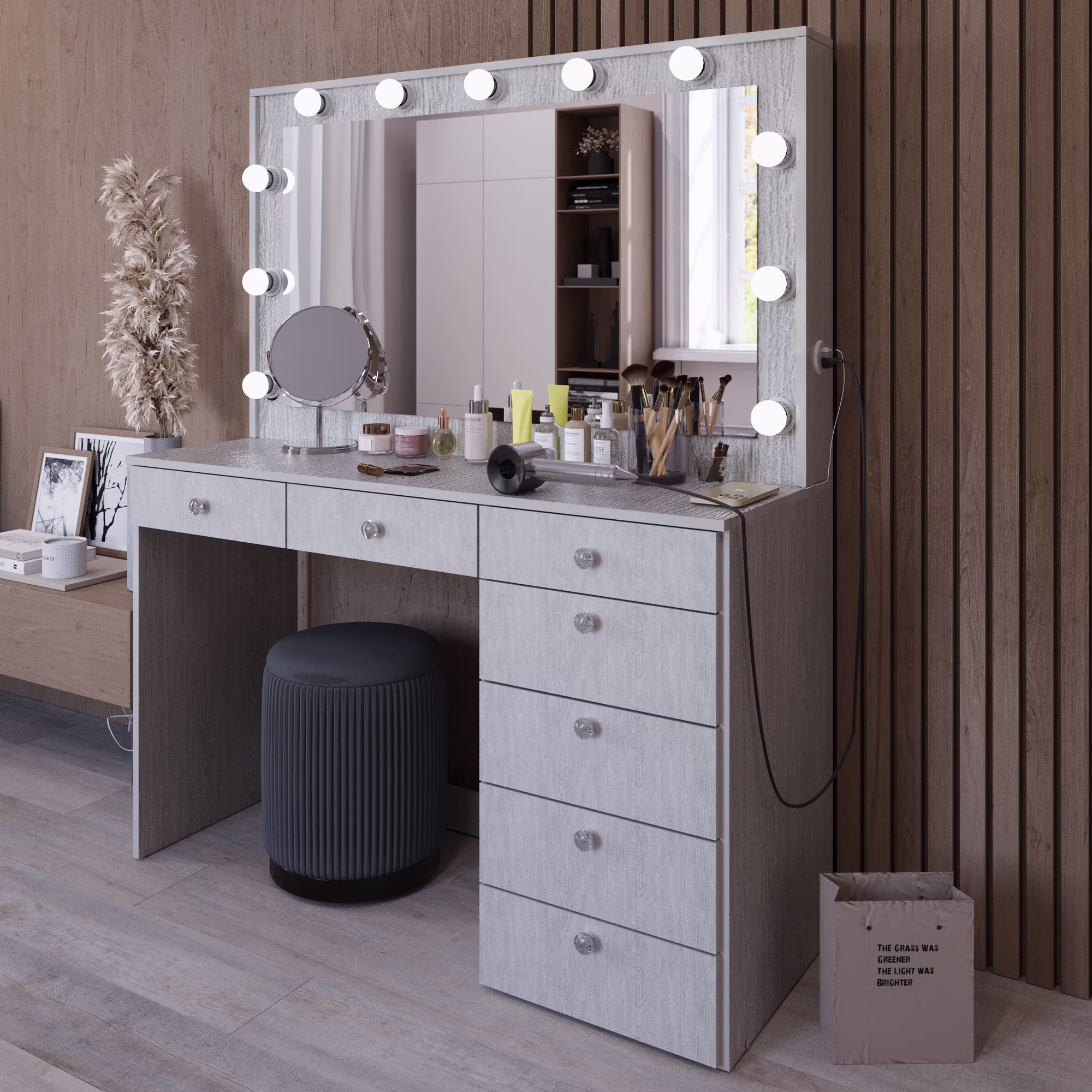 Boahaus GRWM Diana White Makeup Vanity with 7 Drawers, Mirror, Lights & Charging Station