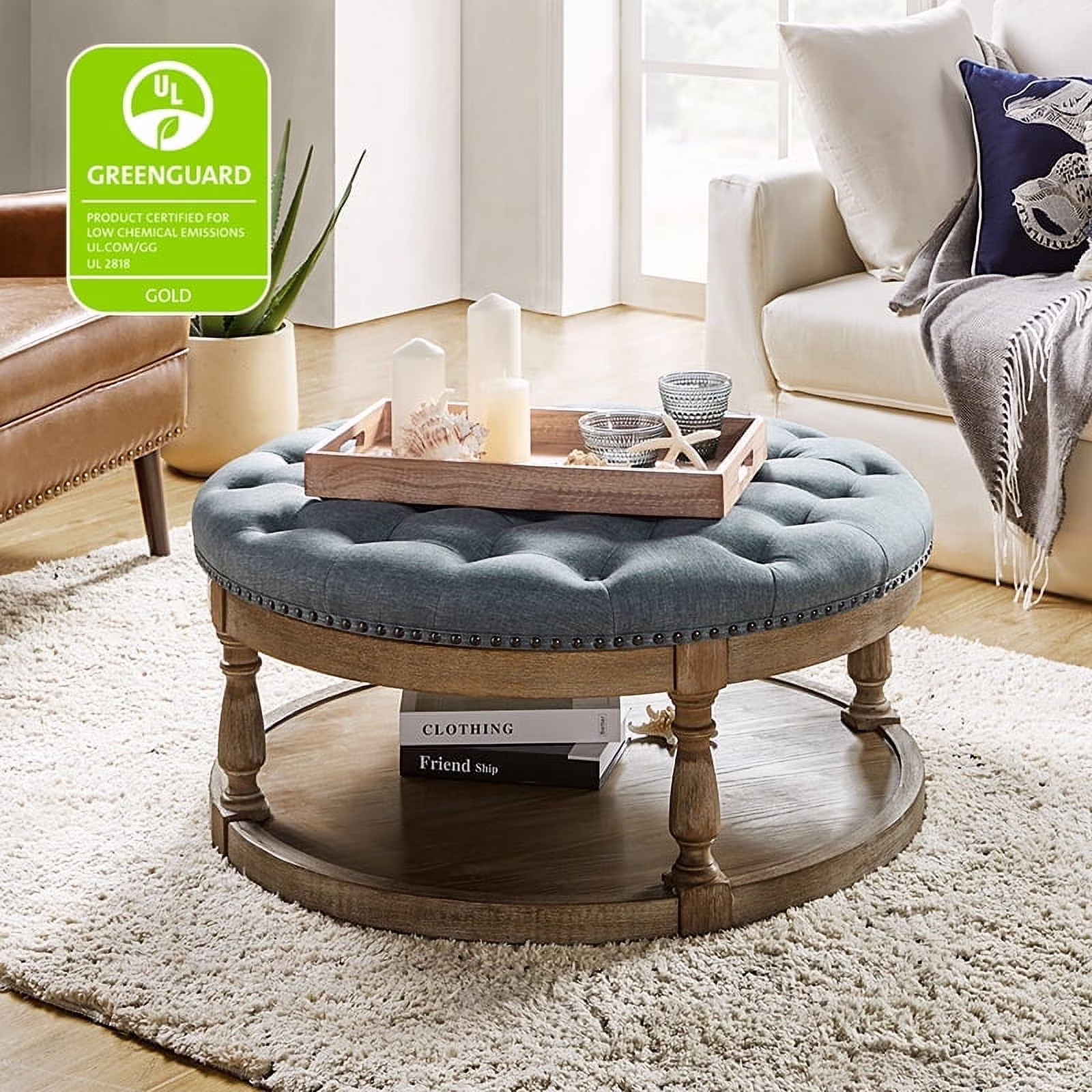 36'' Wide Blue Round Large Ottoman Tufted Coffee Table with Storage Wood Legs Home Living Room