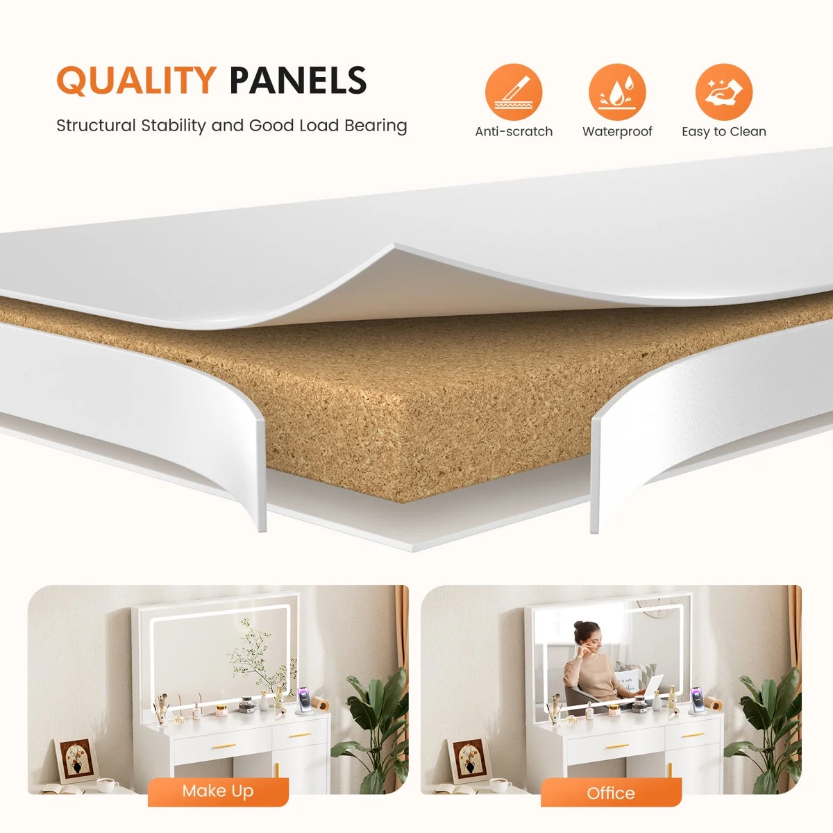 Blorly White Vanity Desk with Mirror, Makeup Vanity Table with LED Lights and Power Outlet, 3 Drawer, 4 Shelves, 1 Cabinet