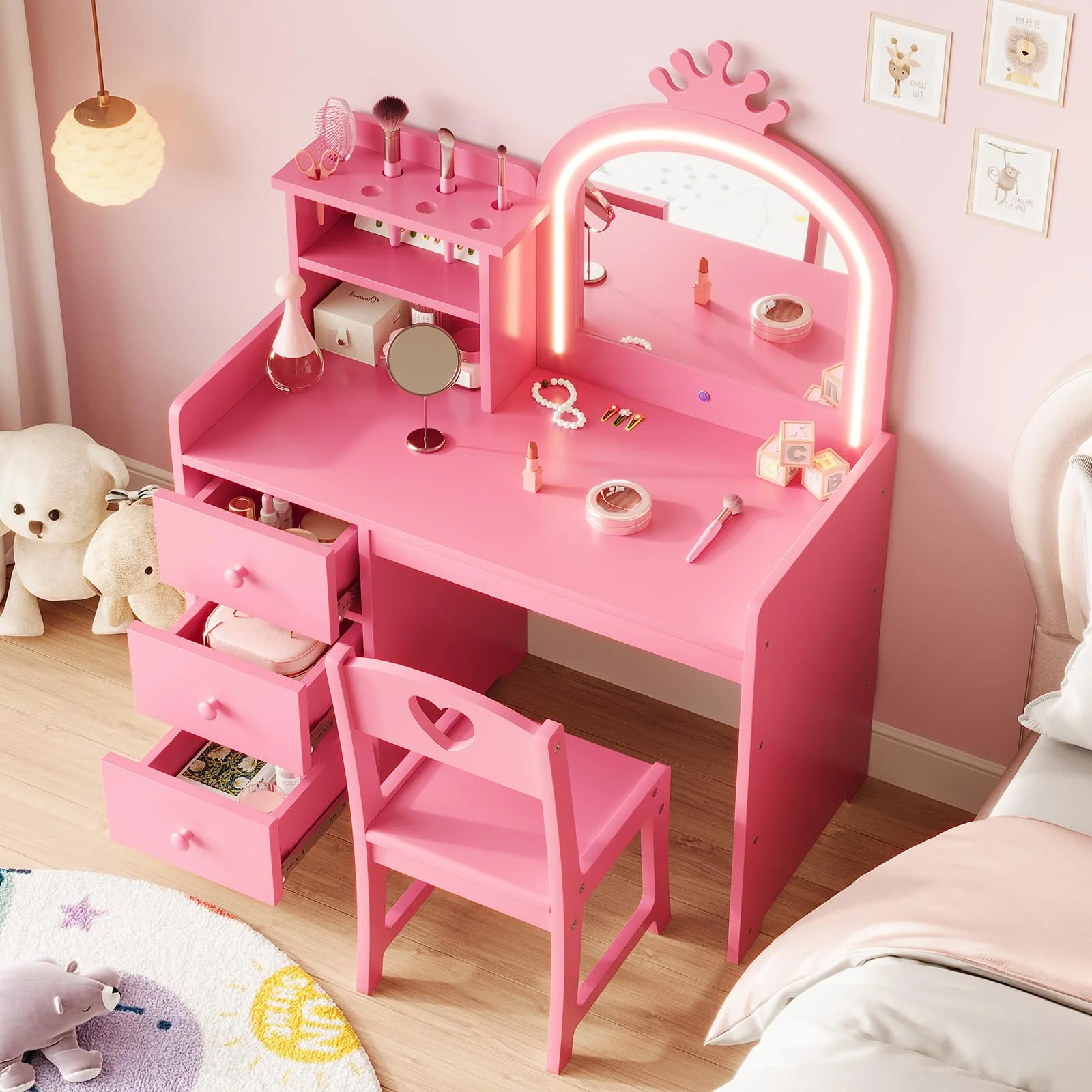 Yeshouse Princess Girls Makeup Vanity Table Set with Storage & Lights