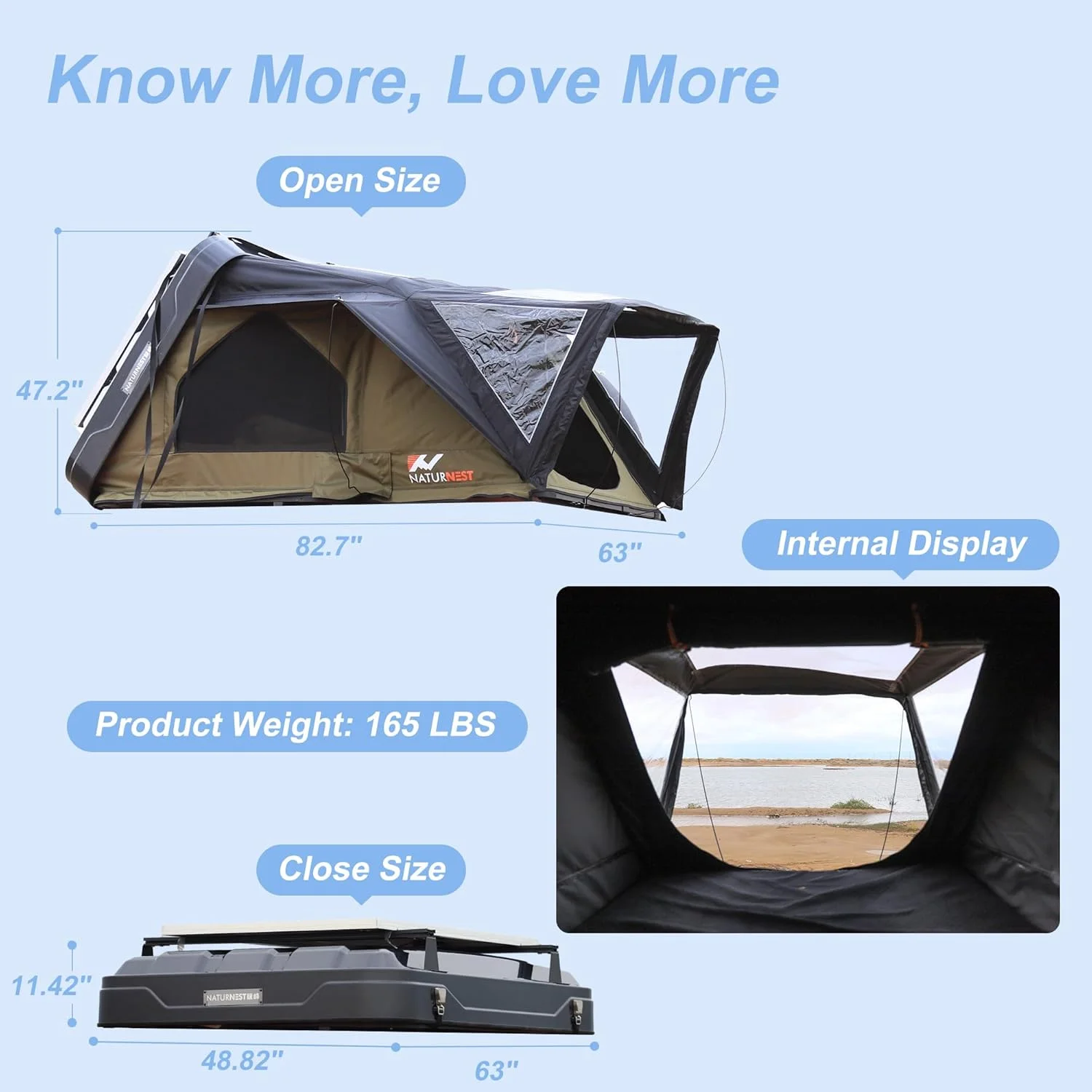 Naturnest Rooftop Tent Hard Shell, Easy Set Up Pop Up Large Tent for 2-3 Person Camping, Waterproof Windproof UV-Resistant Blackout 4 Season Tents for Truck, Jeep, SUV, Van, Trailer - Sirius 1 Plus