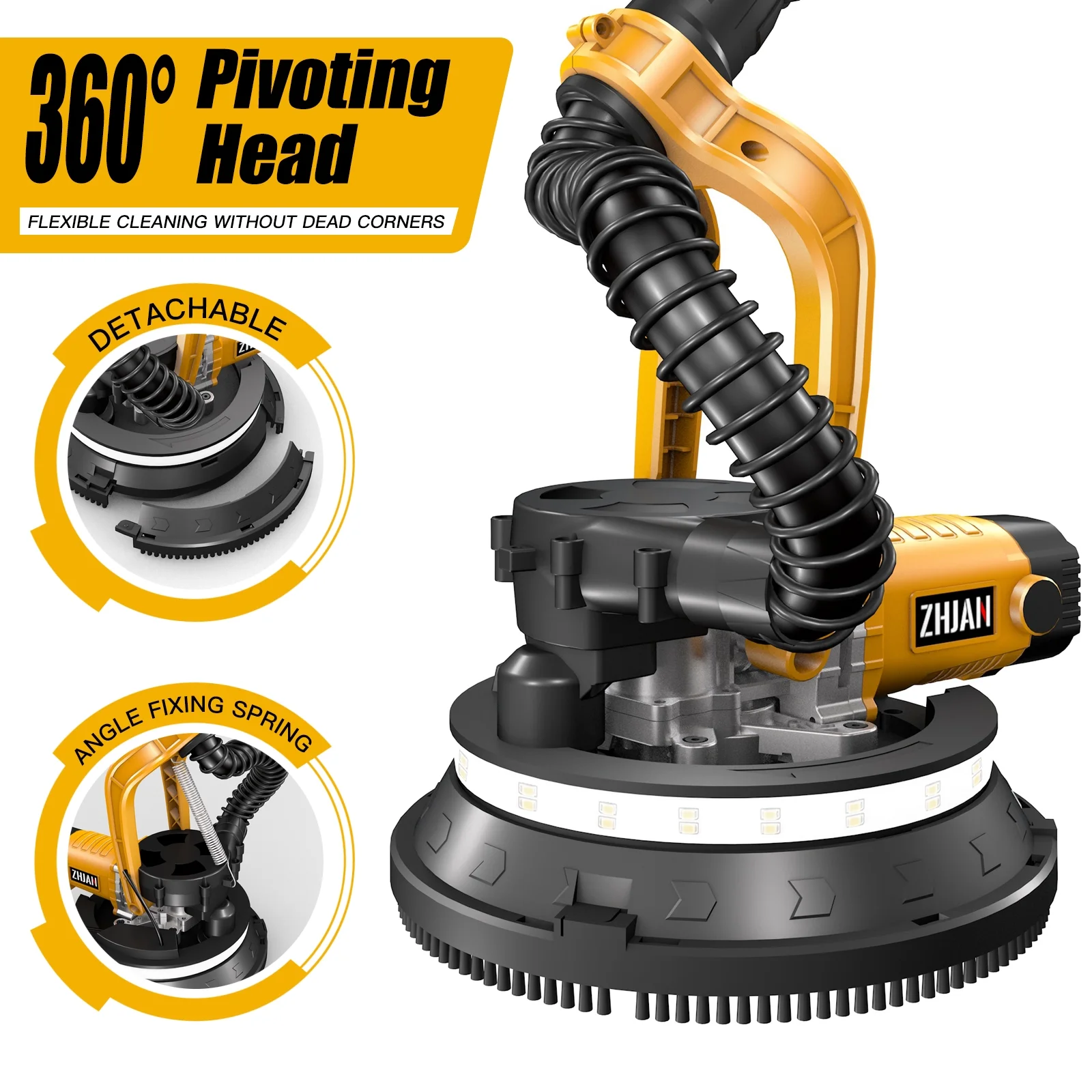 ZHJAN Electric Drywall Sander with Vacuum - Heavy Duty 880W, 5-Speed 1000-2100RPM, Extendable Handle, 12 Discs & Dust Bag, LED Light (59