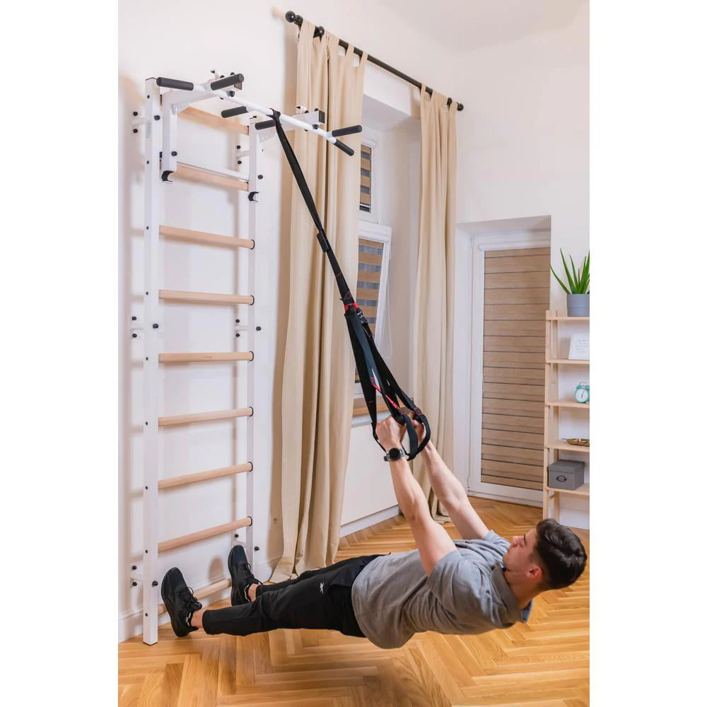 BenchK 733 White Wall bars with convertible steel 6-grip pull-up bar that can also be used as a barbell holder, dip bar with back support and advanced workout bench