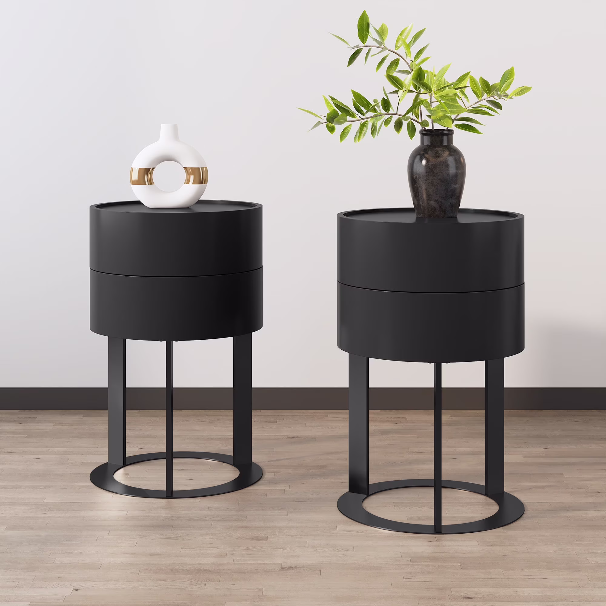 HLR Modern Round Wood Nightstand with Drawer, 2-Tier End Table for Living Room, Bedroom, Black