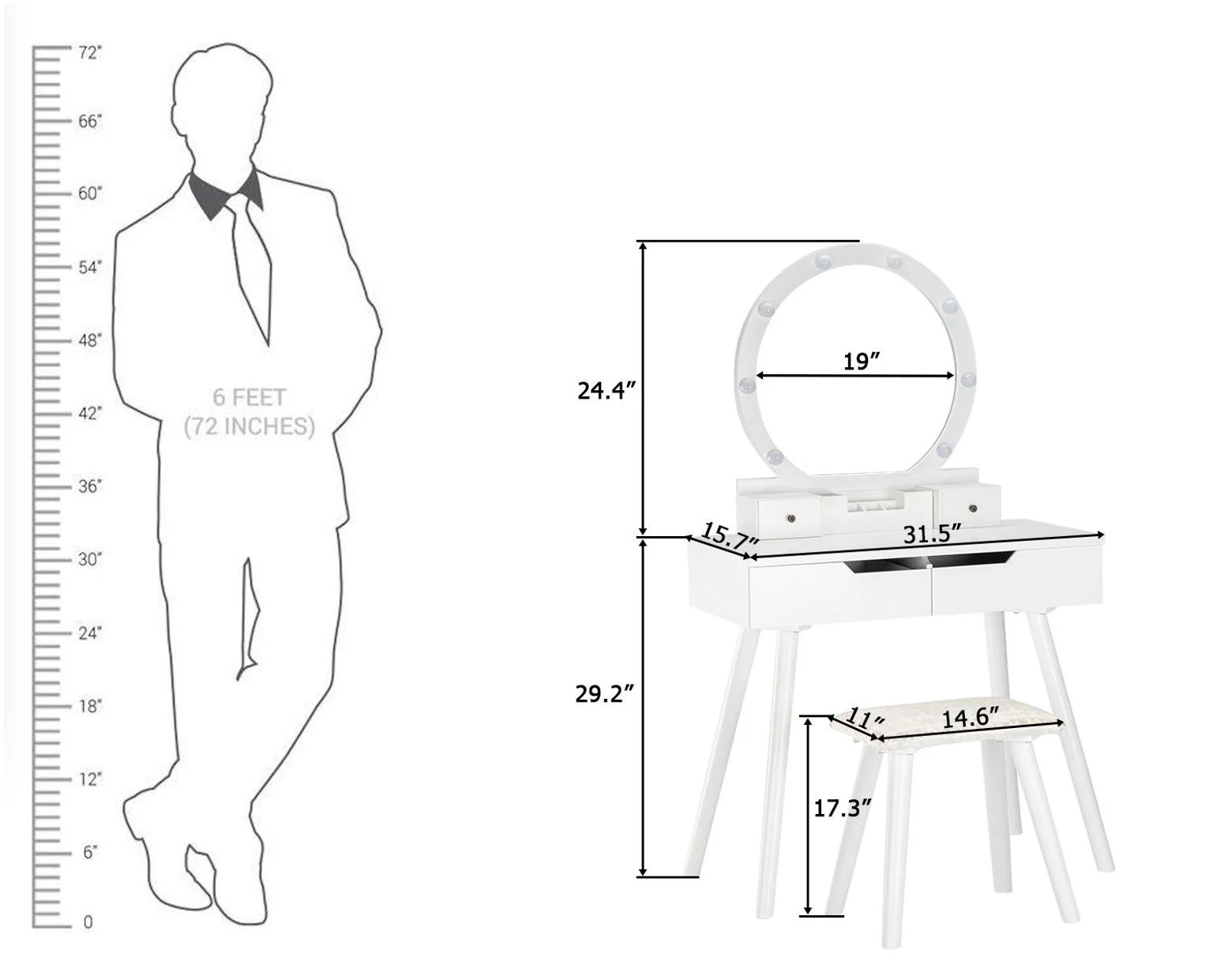 Ktaxon Vanity Set with Round Lighted Mirror, Makeup Dressing Table with 8 Light Bulbs & Cushioned Stool Set,Bedroom Vanities Set Black