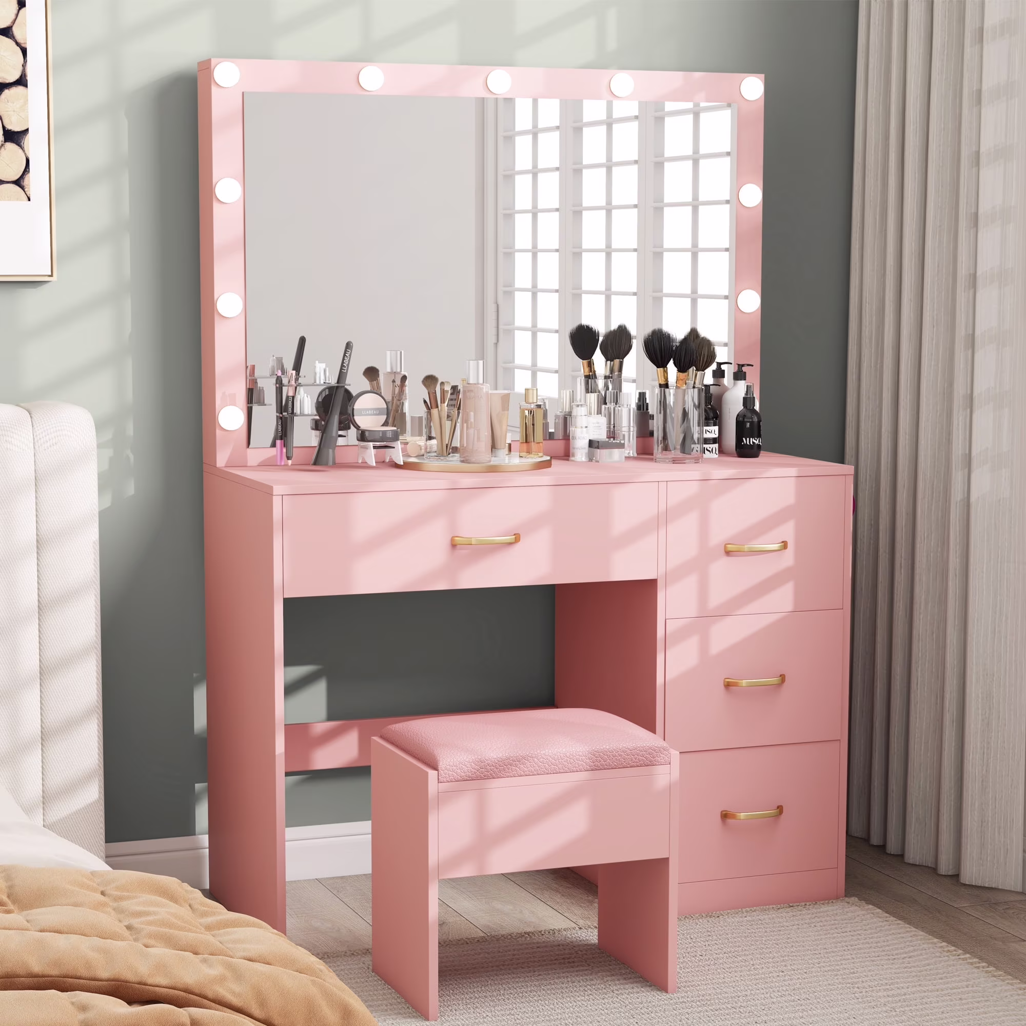 Dextrus Makeup Vanity Desk with Large Lighted Mirror and Storage - Enhance Your Beauty, Routine 4 Drawer Vanity Table with Cushioned Stool, Milky-White