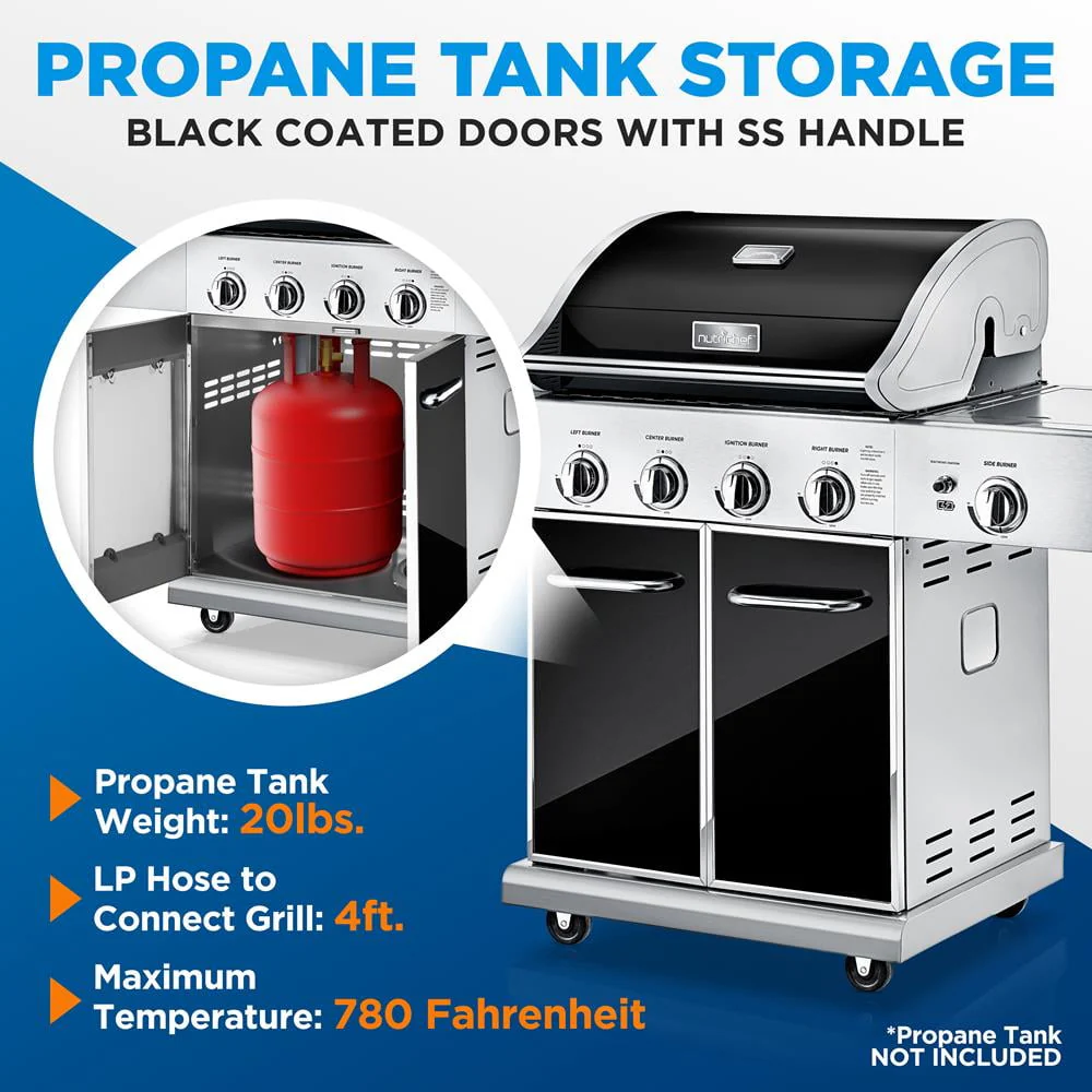 Heavy-Duty 5-Burner Propane Gas Grill - Stainless Steel Grill, 4 Main Burner with 1 side burner, 52,000 BTU Grilling Capacity, Electronic Ignition System, Built-in Thermometer - NutriChef NCGRIL2