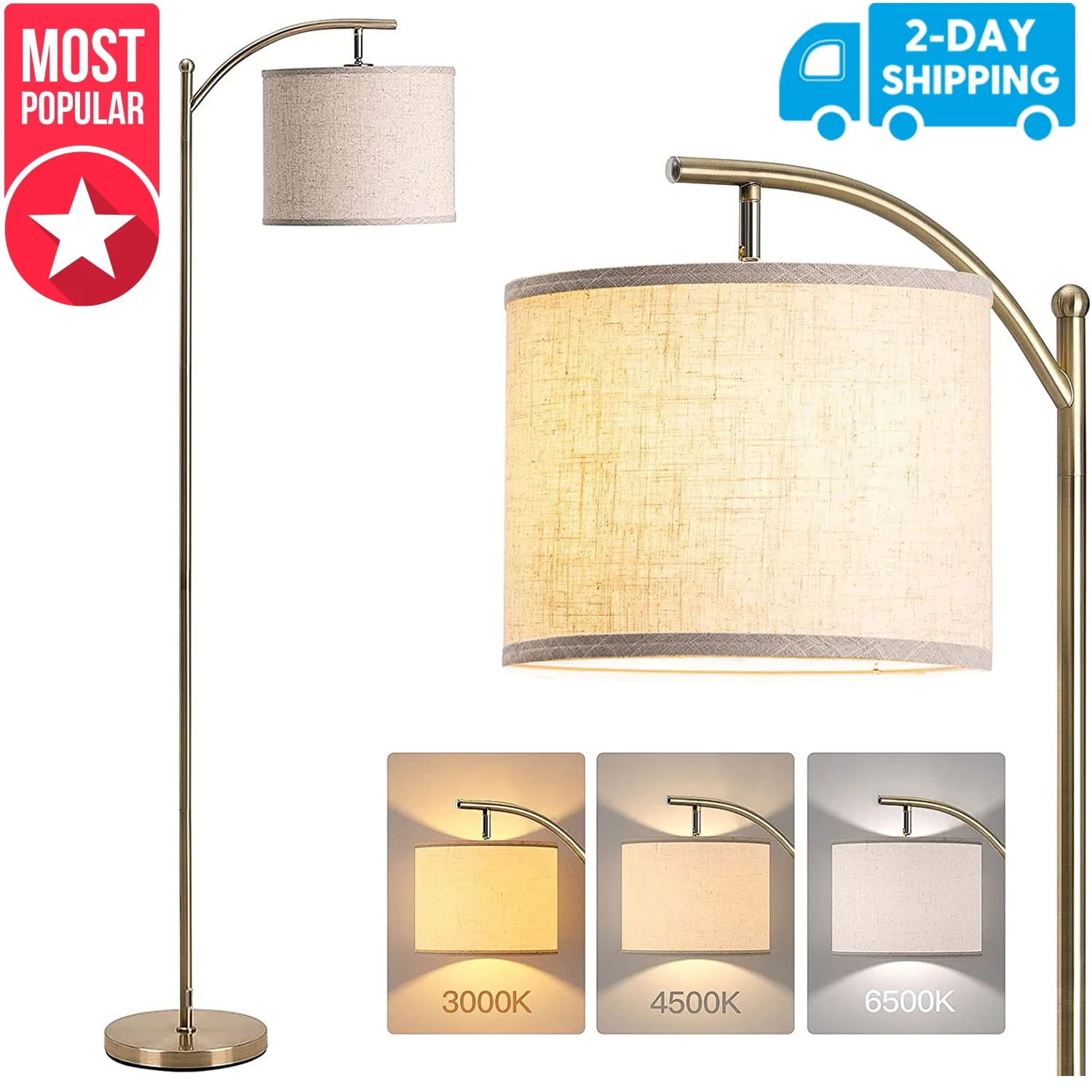 addlon Floor Lamp with 3cct LED Bulb, Lamp for Living Room with Beige Linen Lamp Shade, Modern Standing Lamp Floor Lamps for Bedrooms - Brass Gold