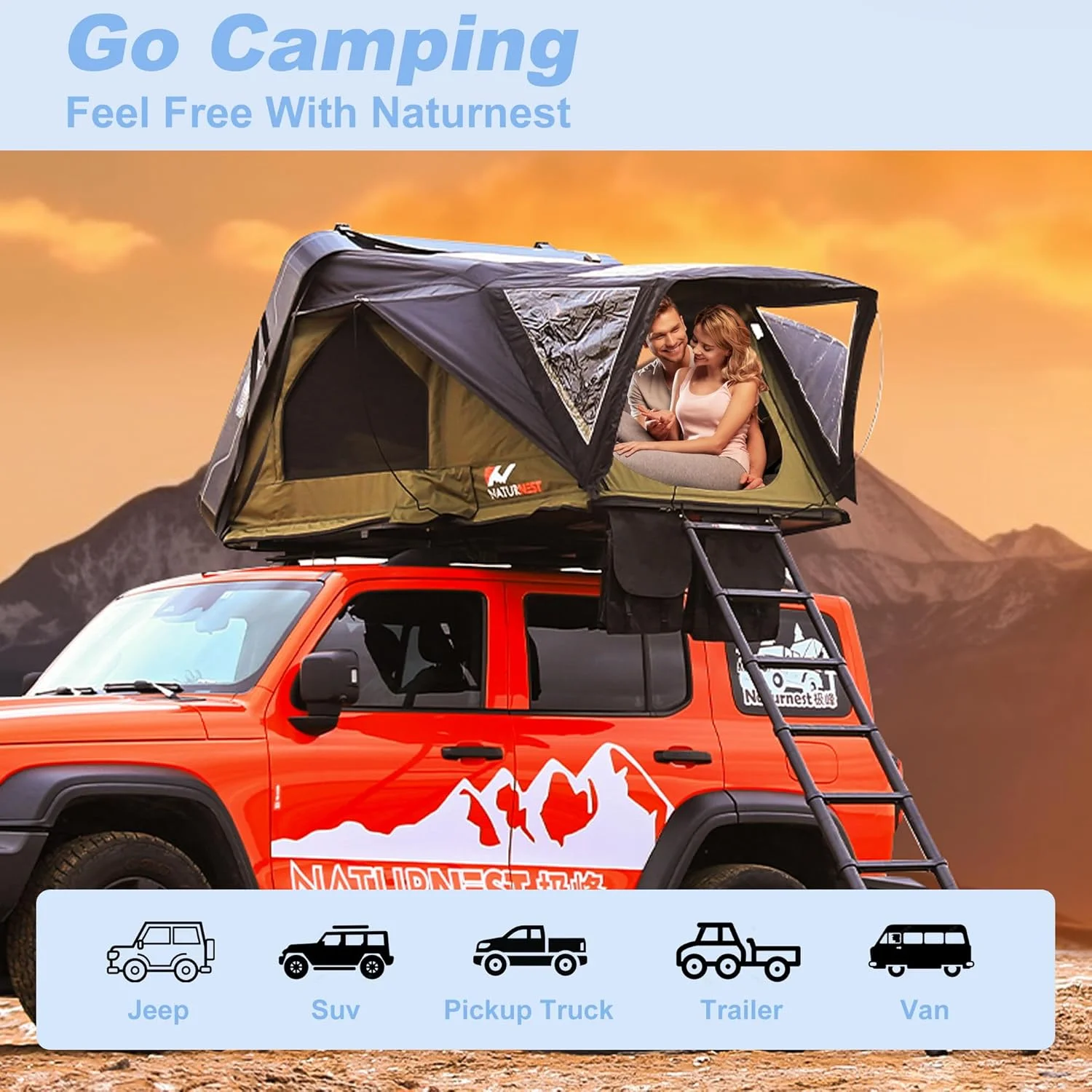 Naturnest Rooftop Tent Hard Shell, Easy Set Up Pop Up Large Tent for 2-3 Person Camping, Waterproof Windproof UV-Resistant Blackout 4 Season Tents for Truck, Jeep, SUV, Van, Trailer - Sirius 1 Plus