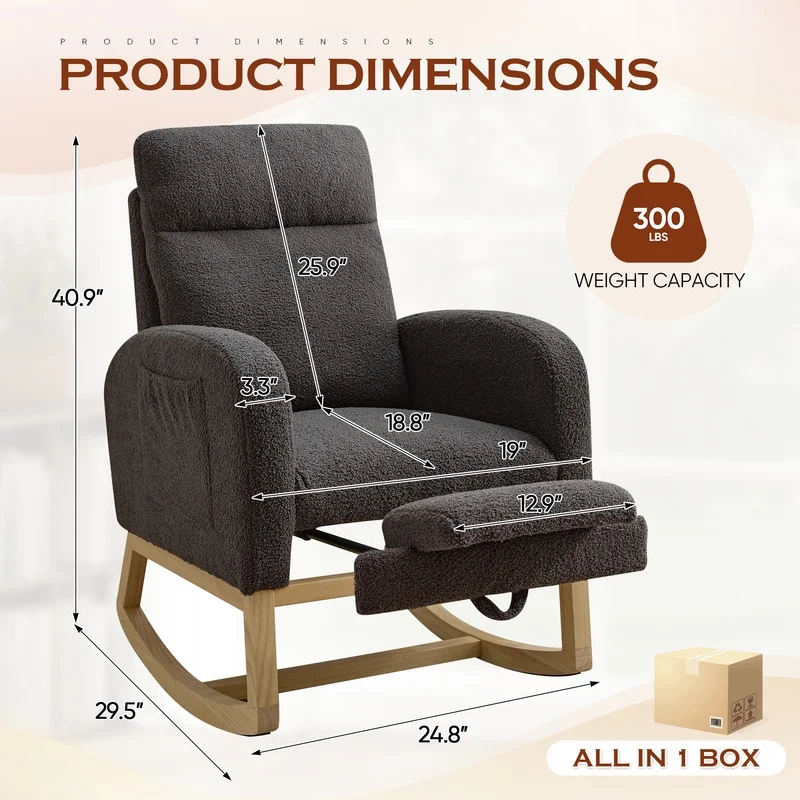 FFH Rocking Chair Nursery, Tufted Accent Rocker Chair, Upholstered Armchair with Adjustable Footrest, Side Pocket, High Backrest, Padded Seat, Polyester Blend (Retro, Dark Gray)