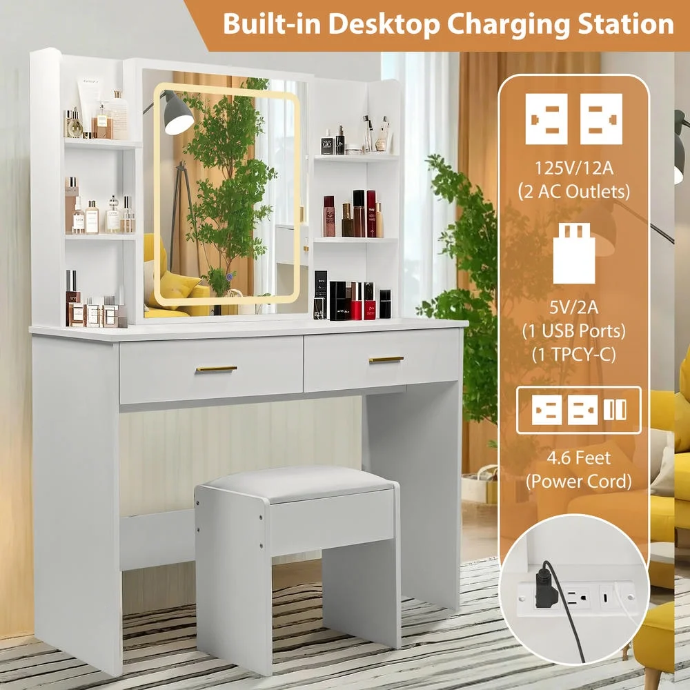 Kadyn Vanity Desk with Lighted Mirror, Vanity Table and Chair Set with 2 Drawers, Dressing Table Makeup Desk with 1 Door, Retro Gray