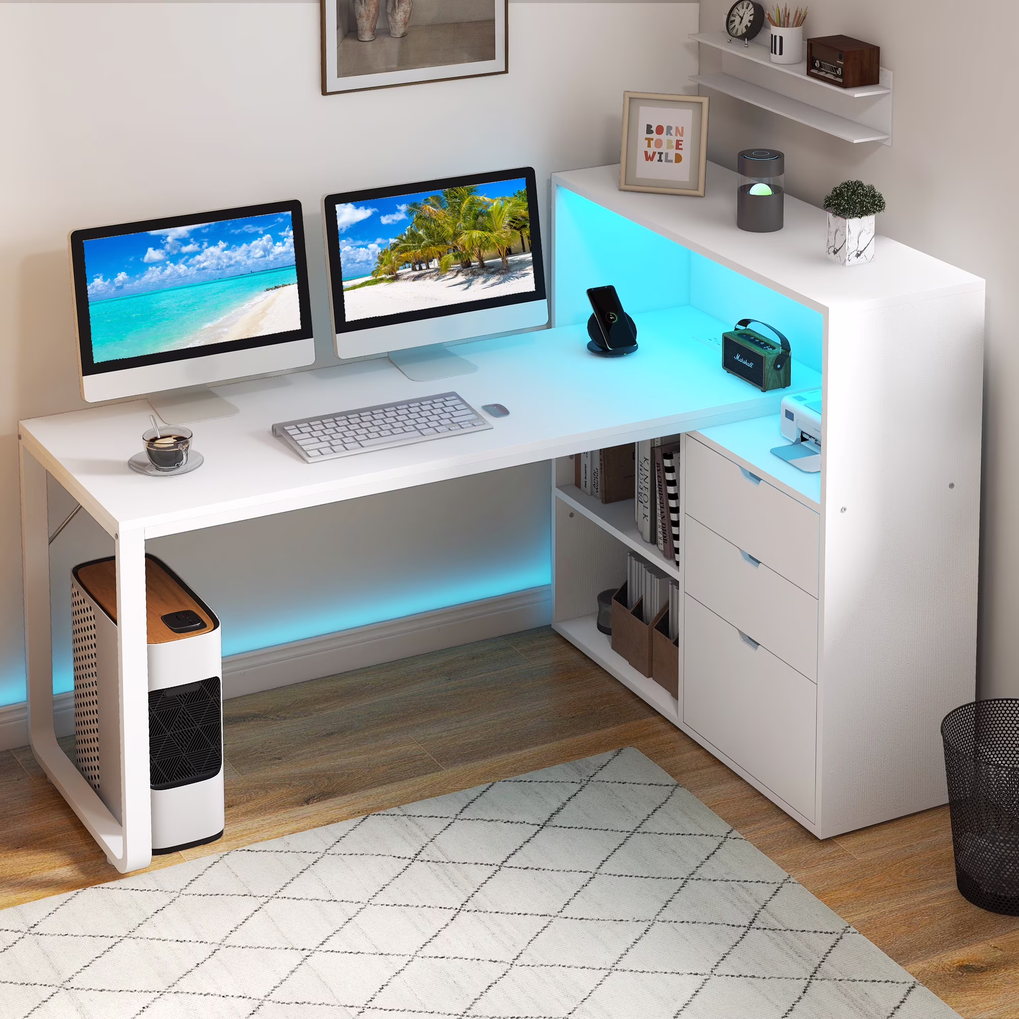 Dextrus L Shaped Desk with Power Outlets & LED Lights, Computer Desk with 3 Drawers and 3 Storage Shelves, White Office Desk Corner Desk for Home Office