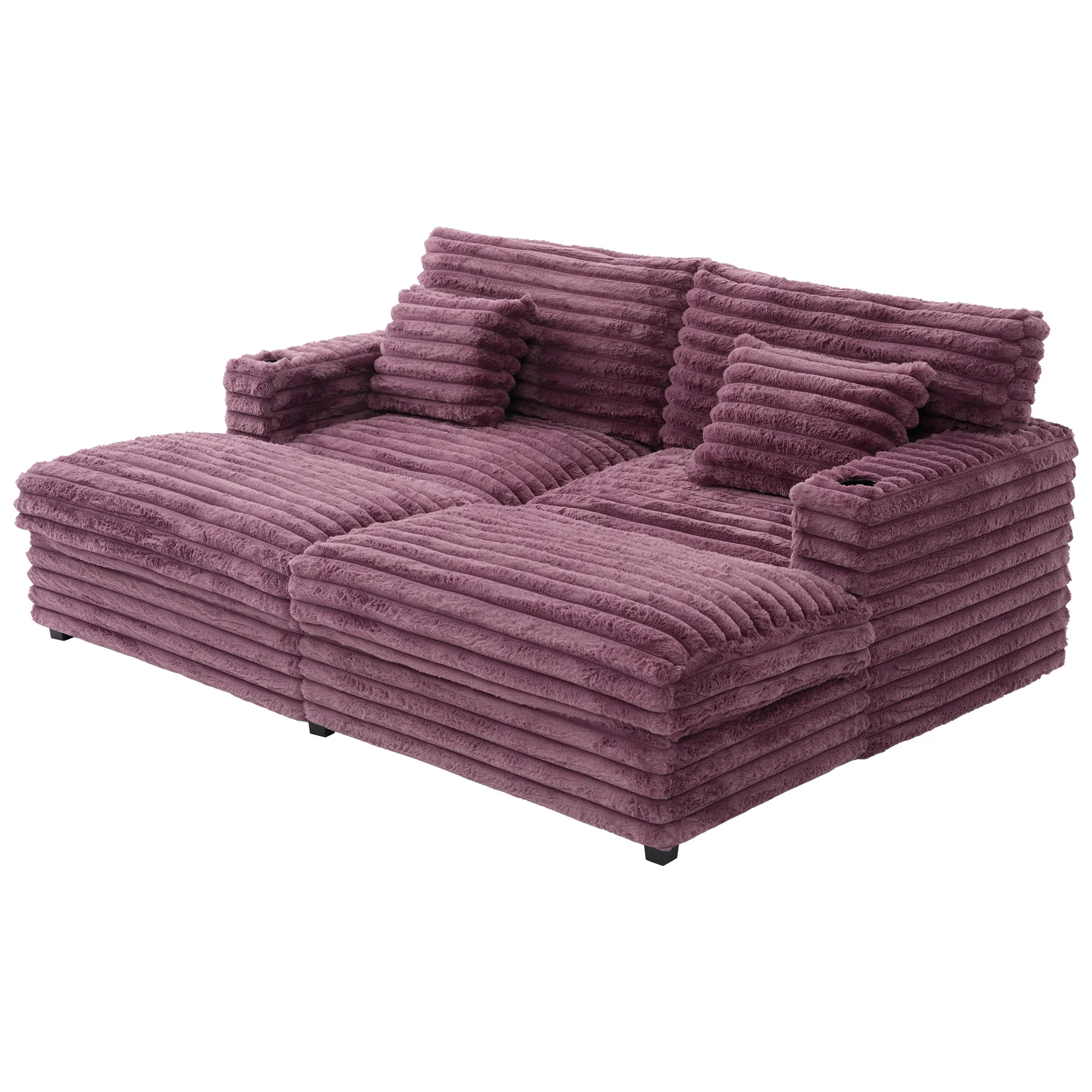 Oversized Double Chaise Lounge, Faux Fur Upholstered Deep Seat Sofa with 2 Pillows, 2 Cupholders, and Dual USB Ports