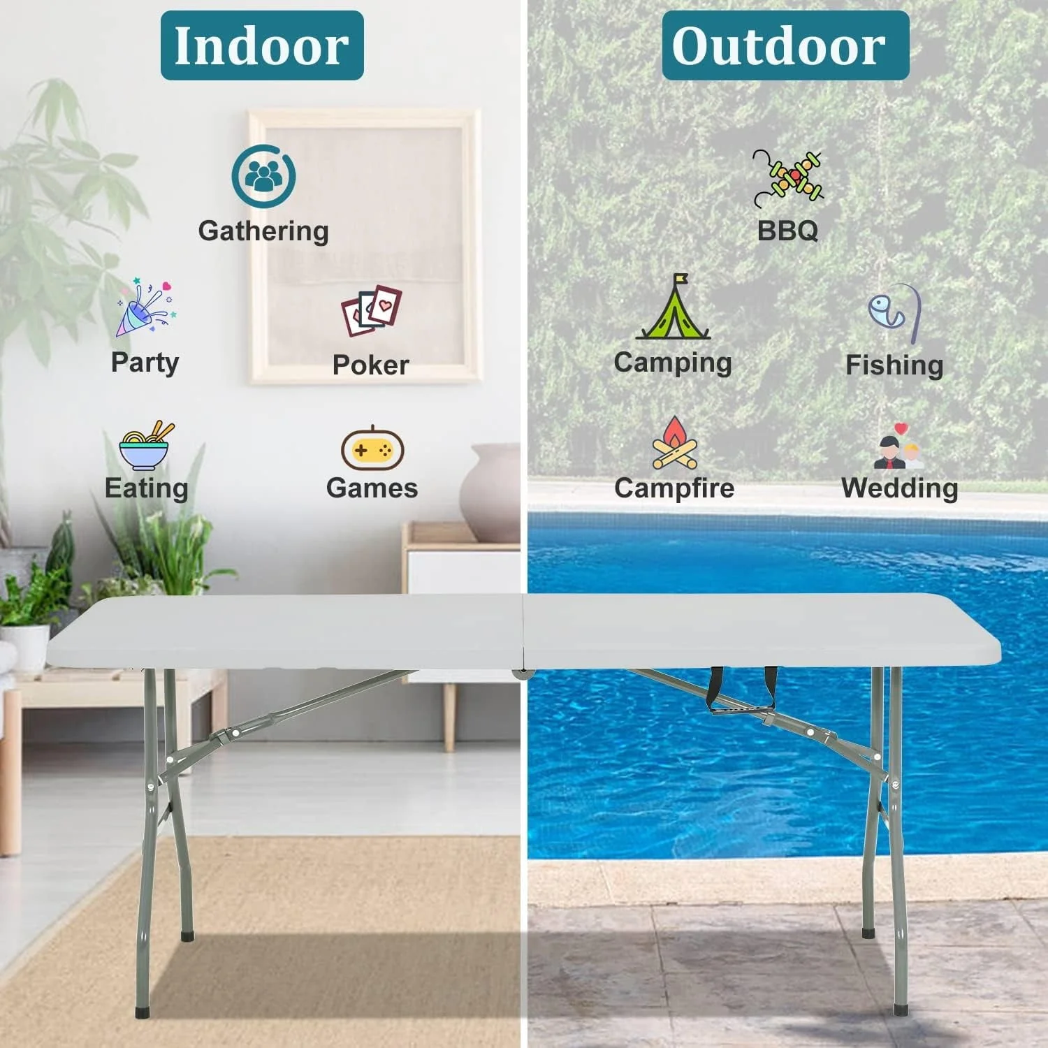 NiamVelo 6 ft Folding Table with Handle, Heavy Duty  Plastic Table Picnic Table Camping Table  Utility Party Dining Table for Indoor Outdoor, White