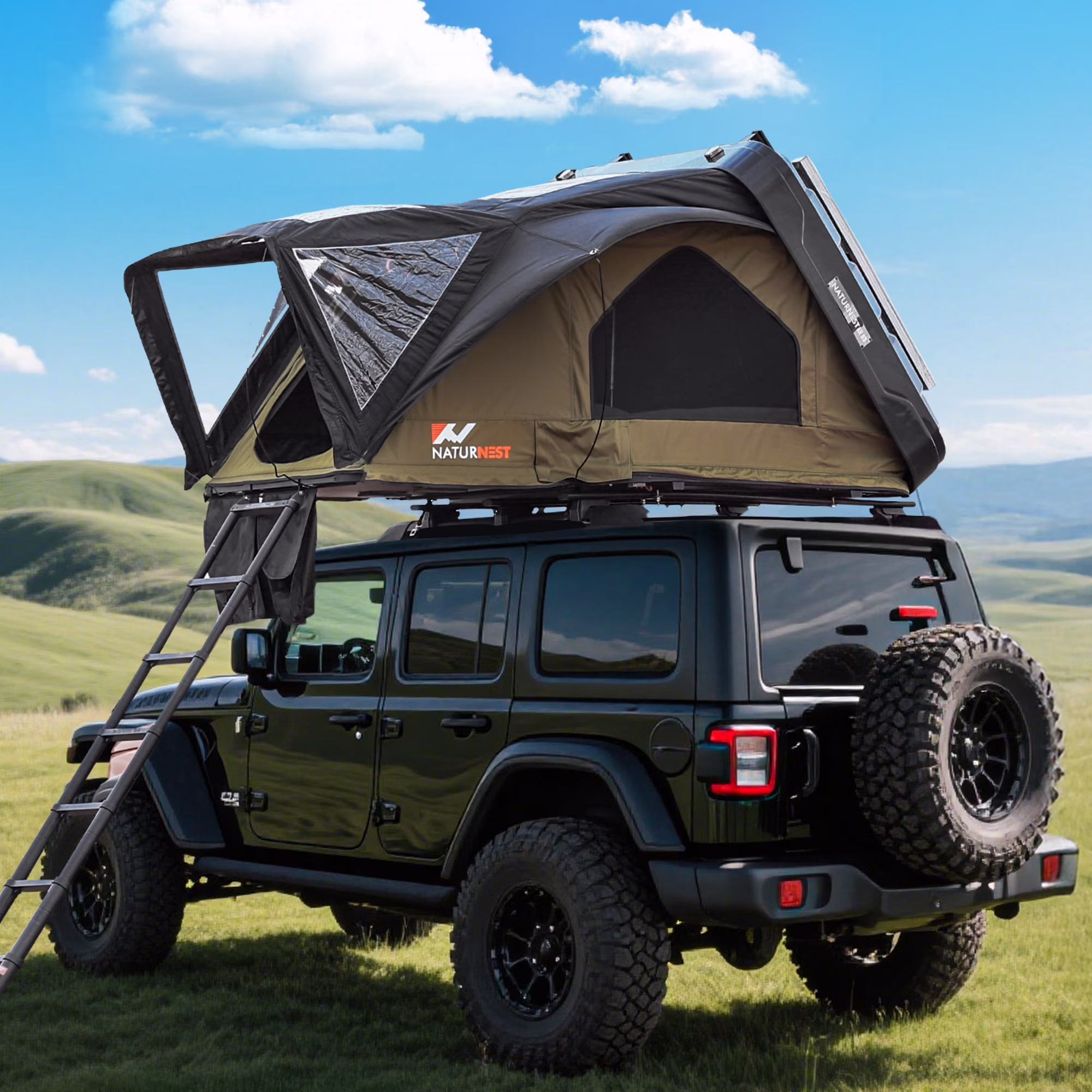 Naturnest Rooftop Tent Hard Shell, Easy Set Up Pop Up Large Tent for 2-3 Person Camping, Waterproof Windproof UV-Resistant Blackout 4 Season Tents for Truck, Jeep, SUV, Van, Trailer - Sirius 1 Plus