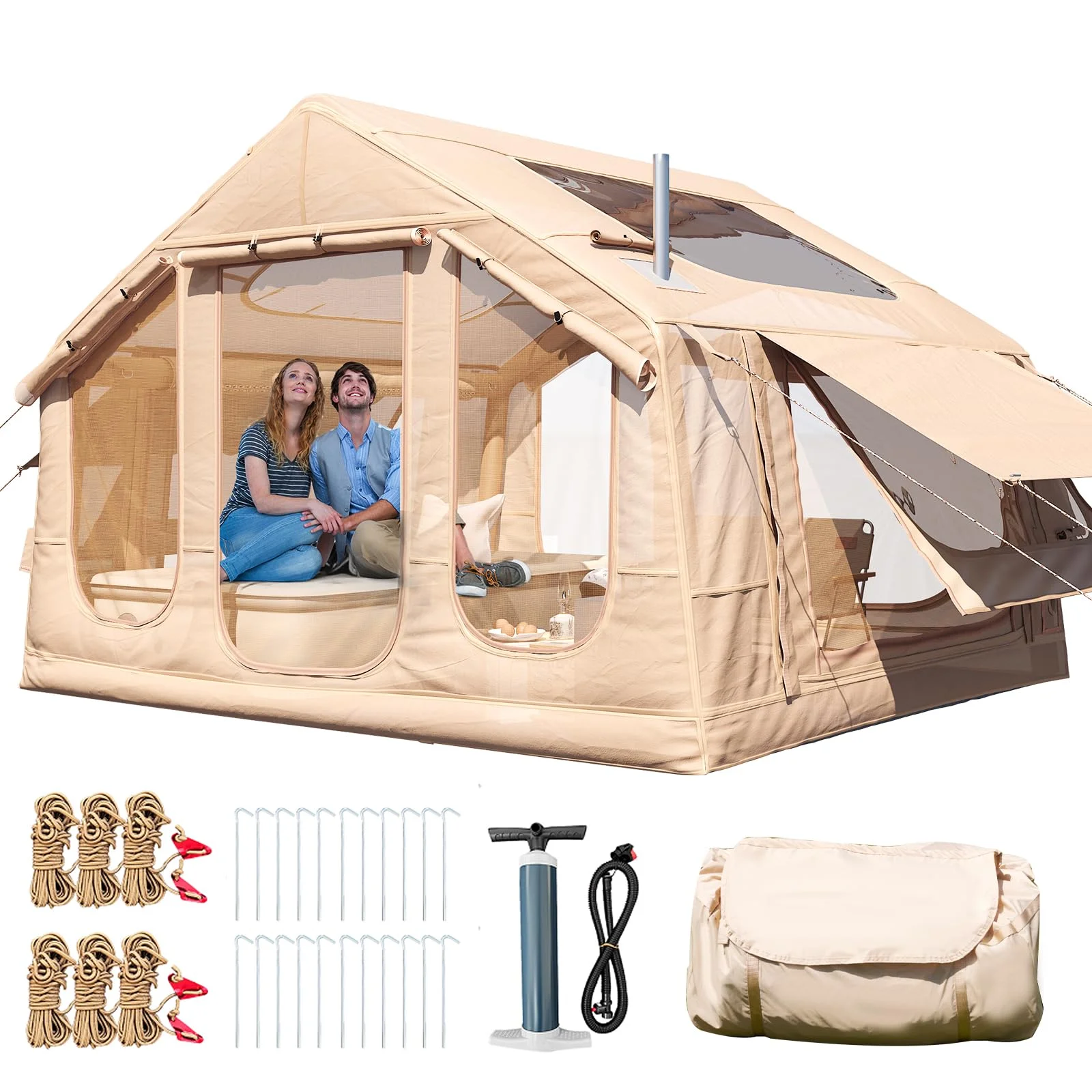 Yoleny 12'x8' Inflatable Tent, 96 SFT Blow Up Tent for Camping, 4 Season Oxford Glamping Tents with Clear Skylight, Pump & Stove Jack