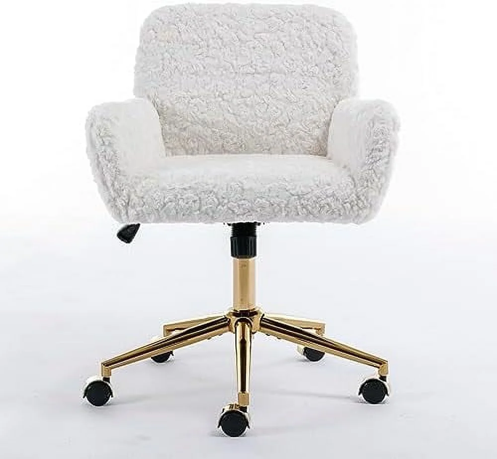 Fluffy Desk Chair,Height Adjustable Vanity Chair with Wheels,Comfortable Faux Fur Desk Chair with goldenn Base, Arm Chair for Bedroom,Living Room,Vanity,Office