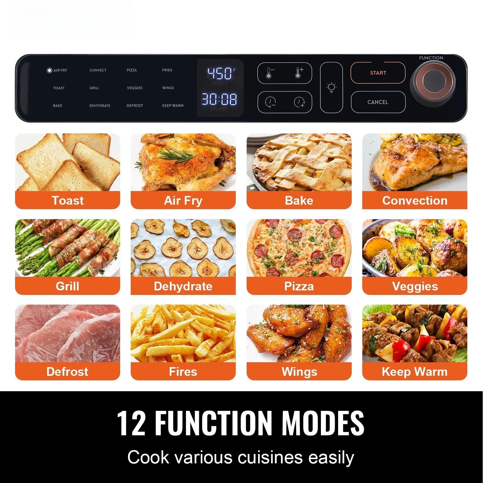 12-In-1 air-fried toaster oven, 25L convection table oven, 1700W stainless steel with pizza pan, rack and gloves, 12-slice and 12-inch pizza capacity