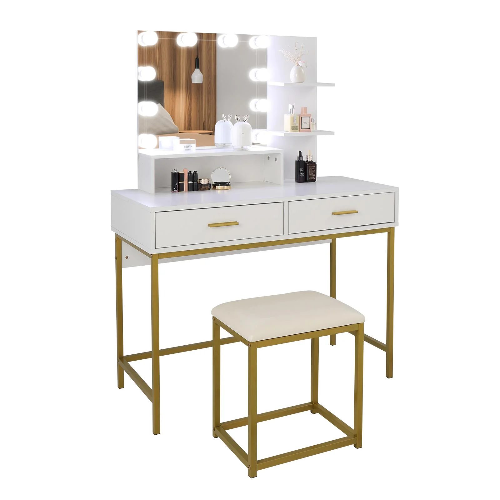 Ktaxon Lighted Makeup Vanity, White Vanity Table Set with 2 Drawer and Charging Station, Femal Gift