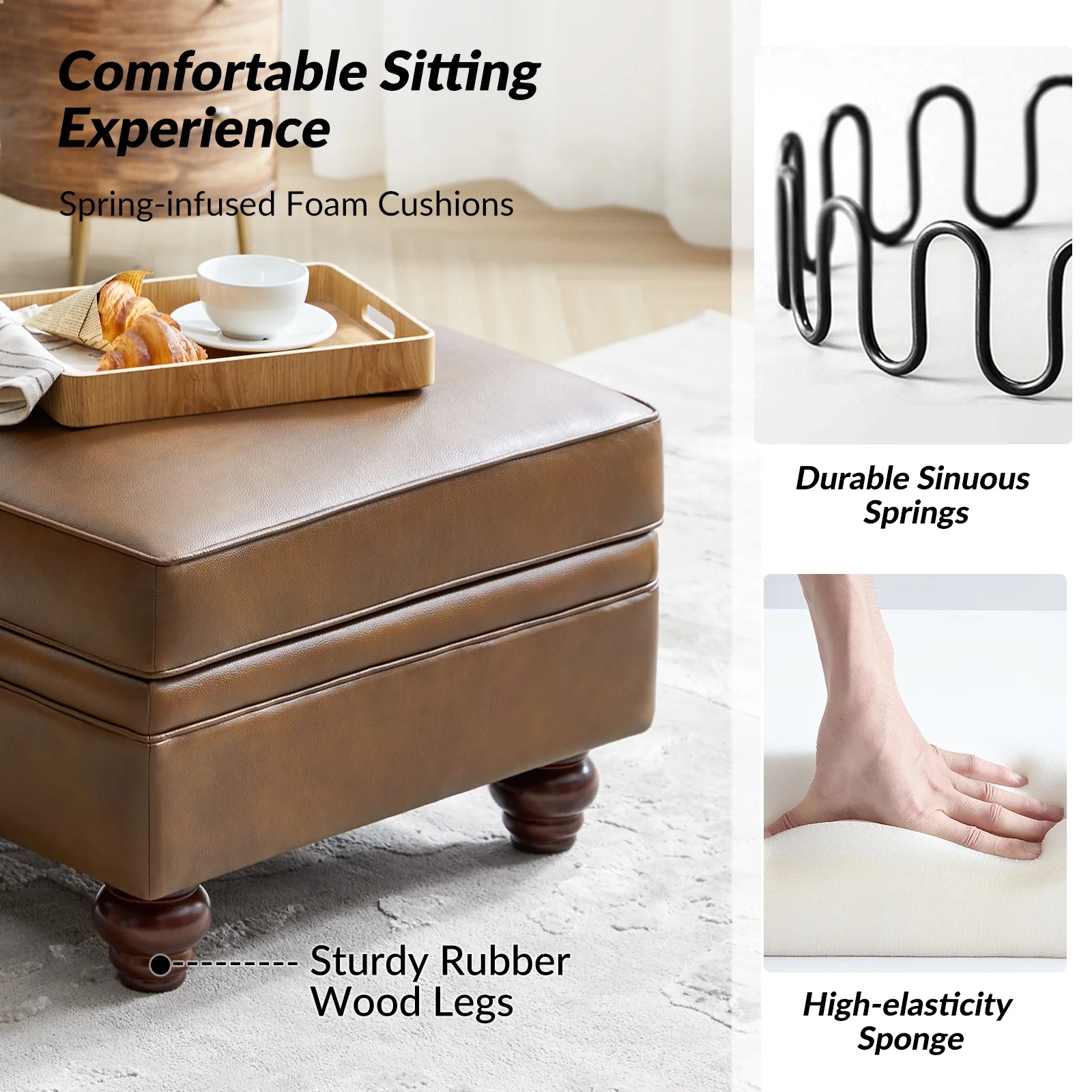 36'' Wide Blue Round Large Ottoman Tufted Coffee Table with Storage Wood Legs Home Living Room