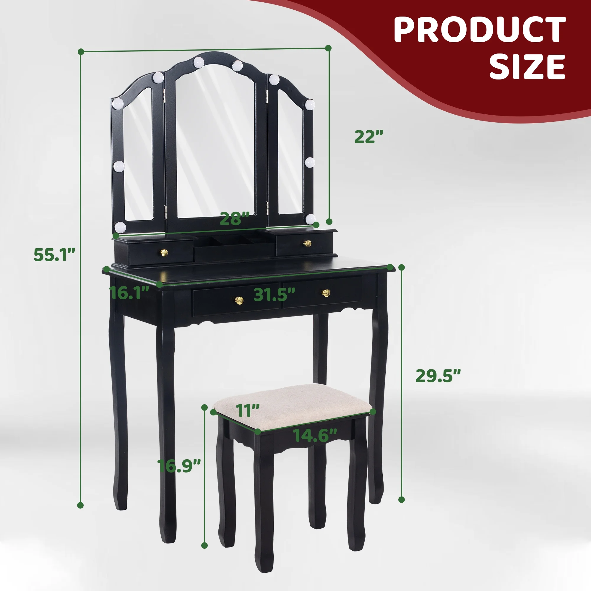 LilyFantasy Makeup Vanity with Lights, Vanity Desk with Cushioned Stool, Tri-fold Vanity Table Set with 4 Drawers, 3 Adjustable Light Modes, 2 Brush Slots, 2 Open Compartments for Girls, Women, White