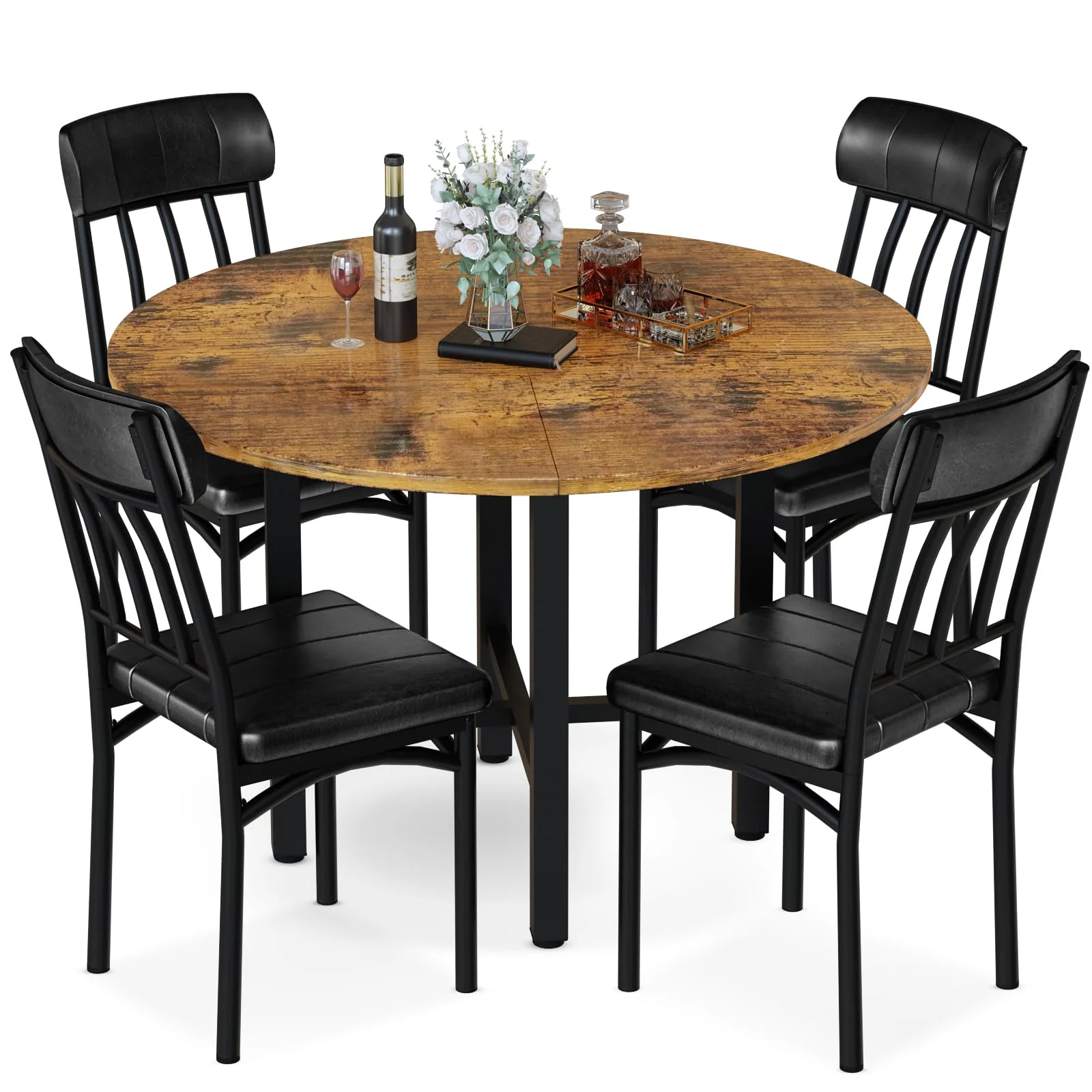 Furlinkhm Round Dining Table Set for 4, Wood Round Kitchen Table and Chairs Set for 4, Modern Dining Room Table Set with 4 Faux Leather Chairs, Round Dinner Table for Small Space, Walnut