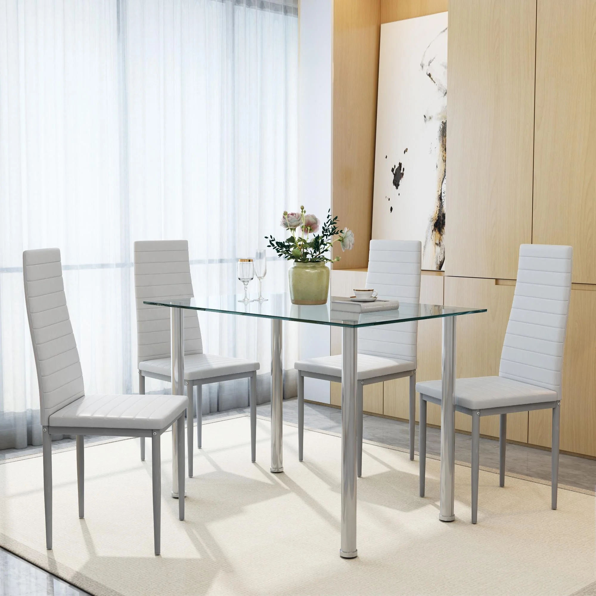 uhomepro White Kitchen Table Set, 5 Pieces Dining Table Set, Tempered Glass Dining Table and Chairs Set for 4, Upgraded Iron Dining Room Table Set with 4 PU Leather Chairs