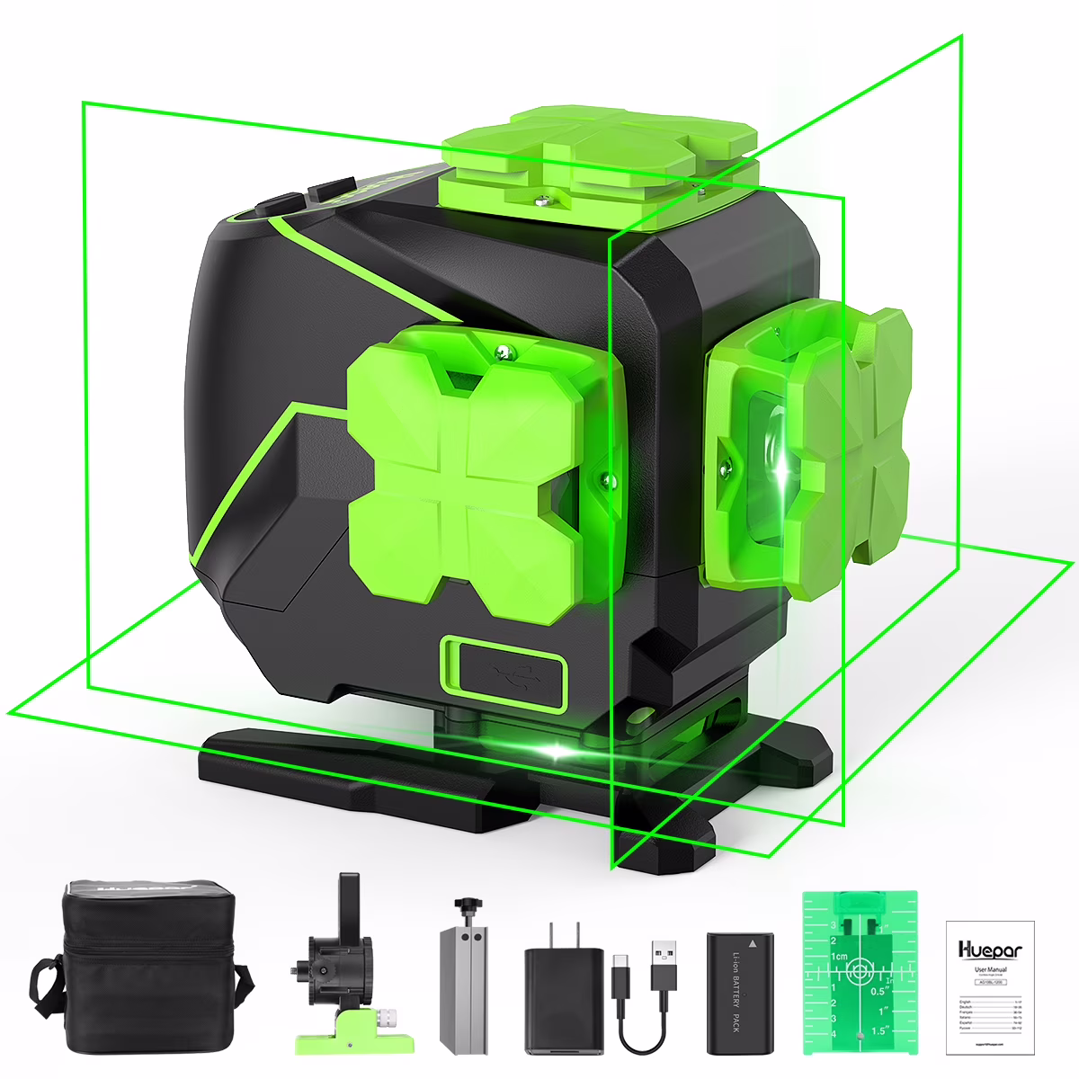 Huepar 3 x 360 Degree Cross Line Laser Level 3D Self-leveling Tiling Floor Green Beam Laser Leveler Tools with Li-ion Battery & Pivoting Base S03DG-L