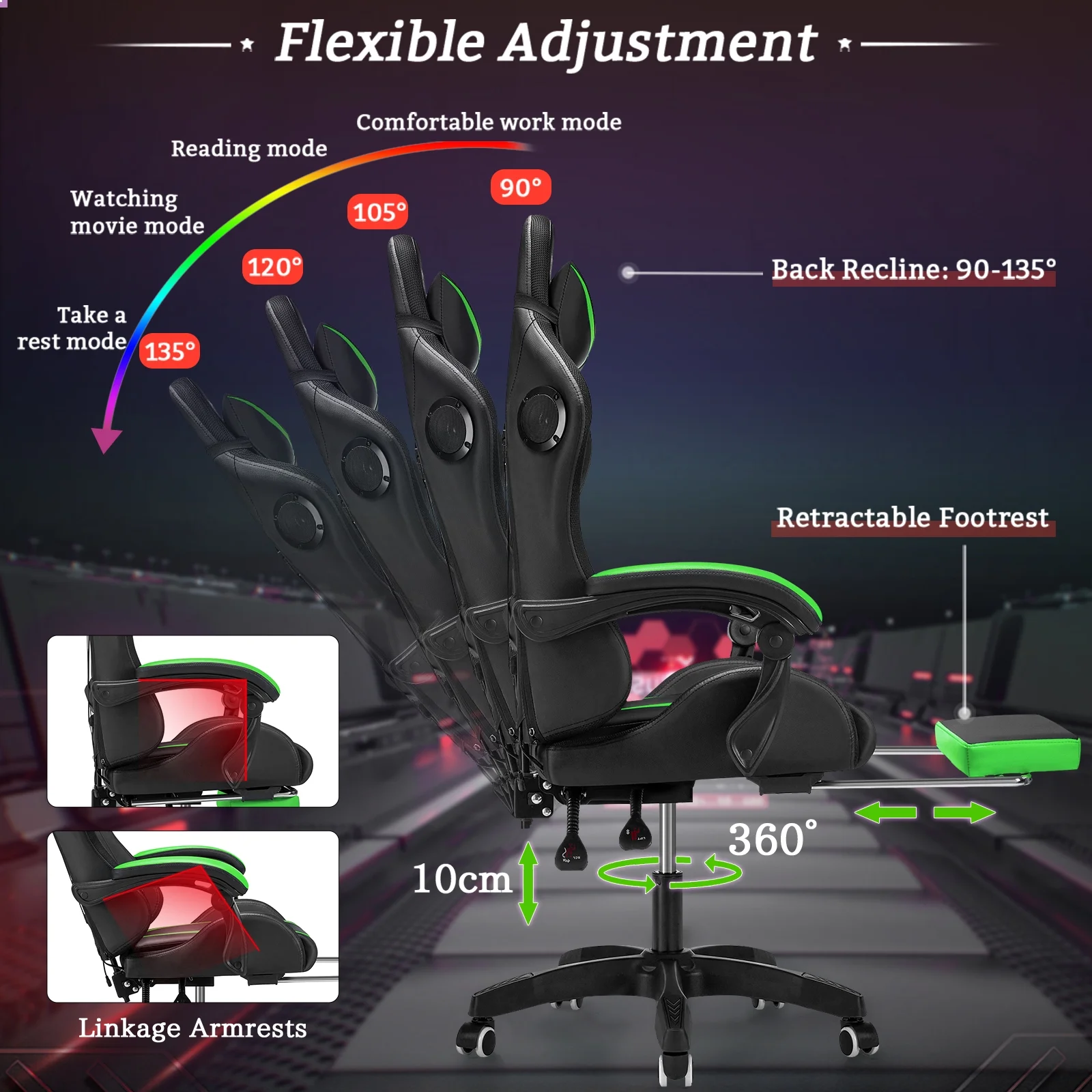 Hoffree Gaming Chair with Speakers PU Leather Office Chair with Footrest and LED Lights Ergonomic Gamer Chair with Massage Lumbar Support and Headrest Adjustable Swivel for Home Office 300lb
