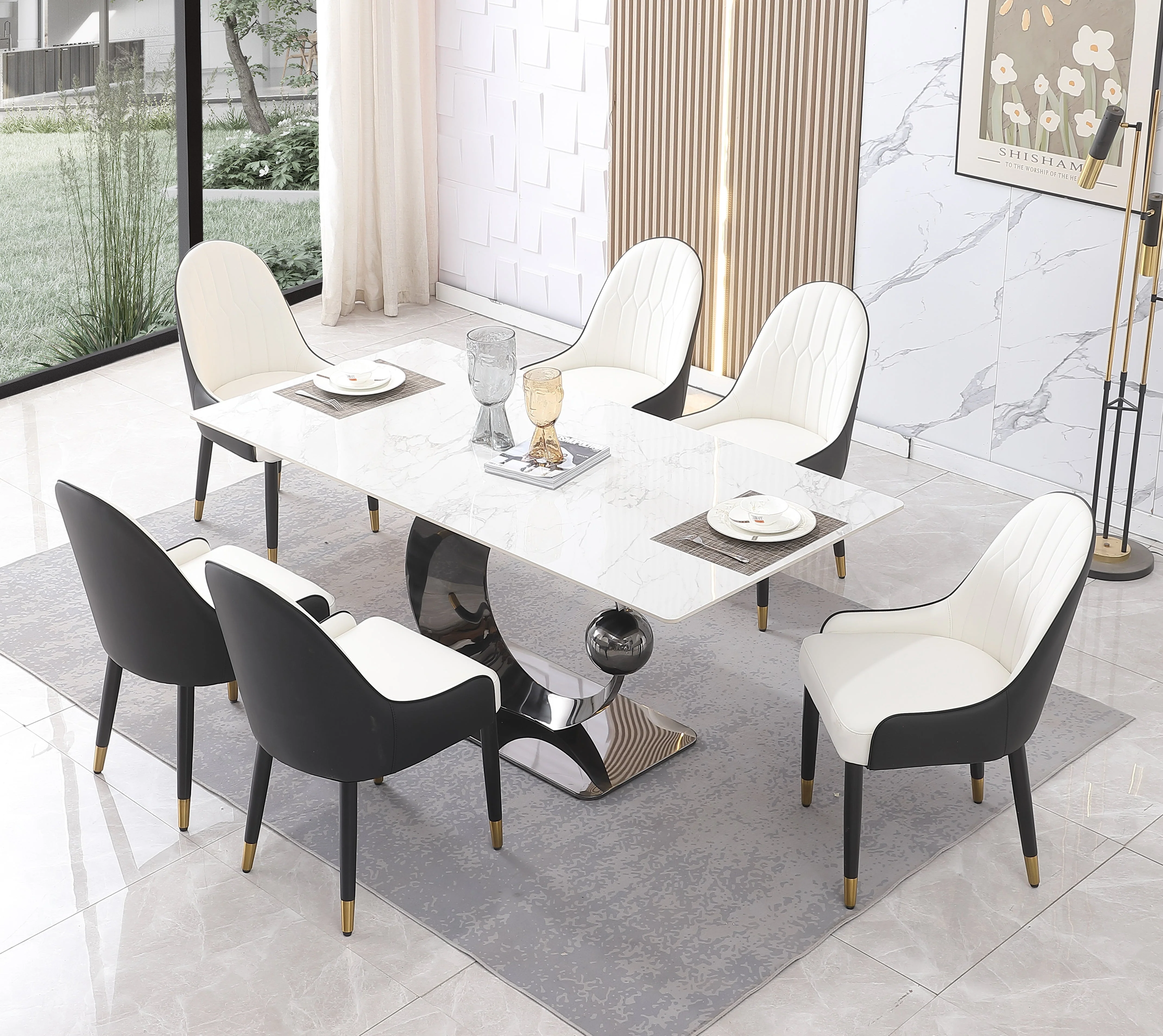 Montary 7 Piece Dining Room Set, Modern Dining Table and Chairs Set, Sintered Stone Dining Table Set for 6, White Marble Dining Table with 6 Chairs for Kitchen, Dining Room