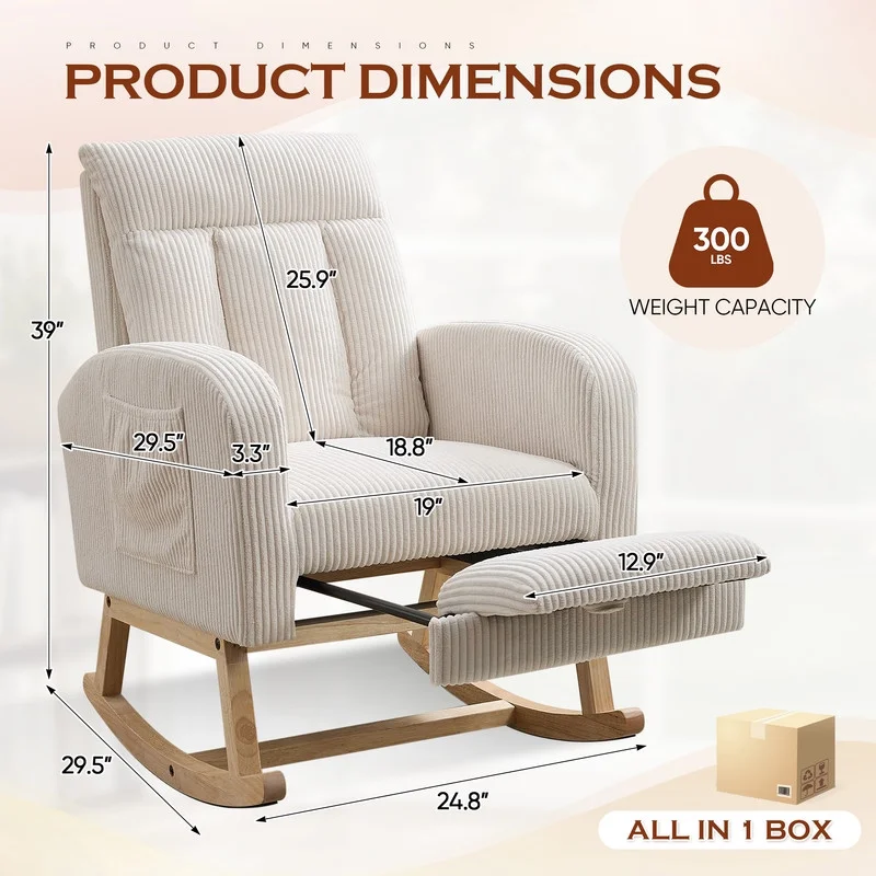 FFH Rocking Chair Nursery, Tufted Accent Rocker Chair, Upholstered Armchair with Adjustable Footrest, Side Pocket, High Backrest, Padded Seat, Polyester Blend (Retro, Dark Gray)