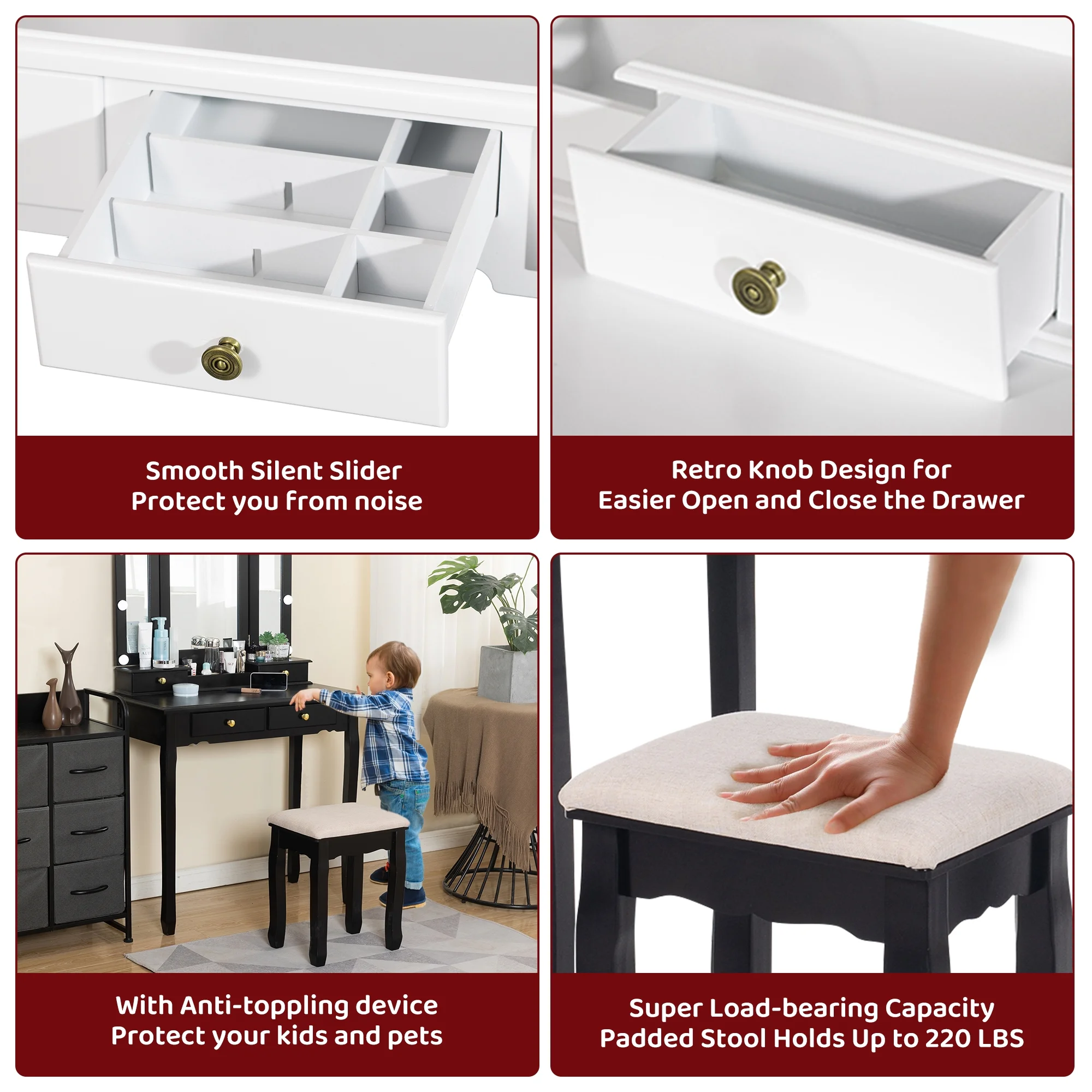 LilyFantasy Makeup Vanity with Lights, Vanity Desk with Cushioned Stool, Tri-fold Vanity Table Set with 4 Drawers, 3 Adjustable Light Modes, 2 Brush Slots, 2 Open Compartments for Girls, Women, White