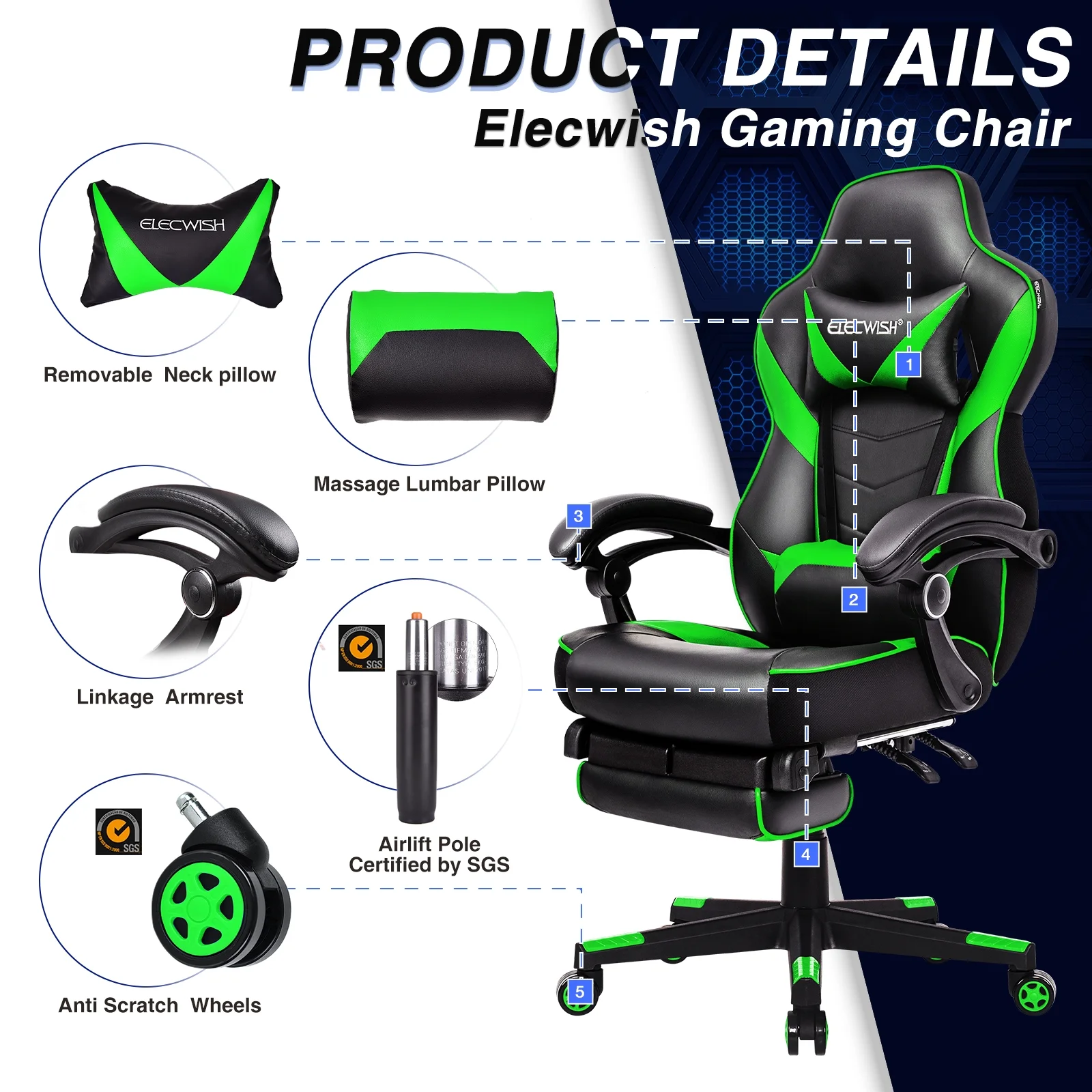 Elecwish Adjustable & Ergonomic Swivel Gaming Chair, White