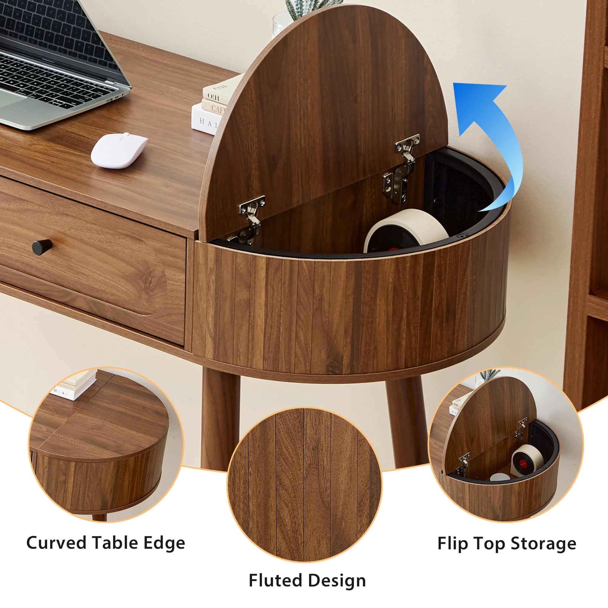 YOCWO Modern Home Office Desk with  2 Drawers and 2 Fflip-top Storage, Oval Computer PC Desk Table, Vanity Desk with Fluted Curved Table Edge, Walnut