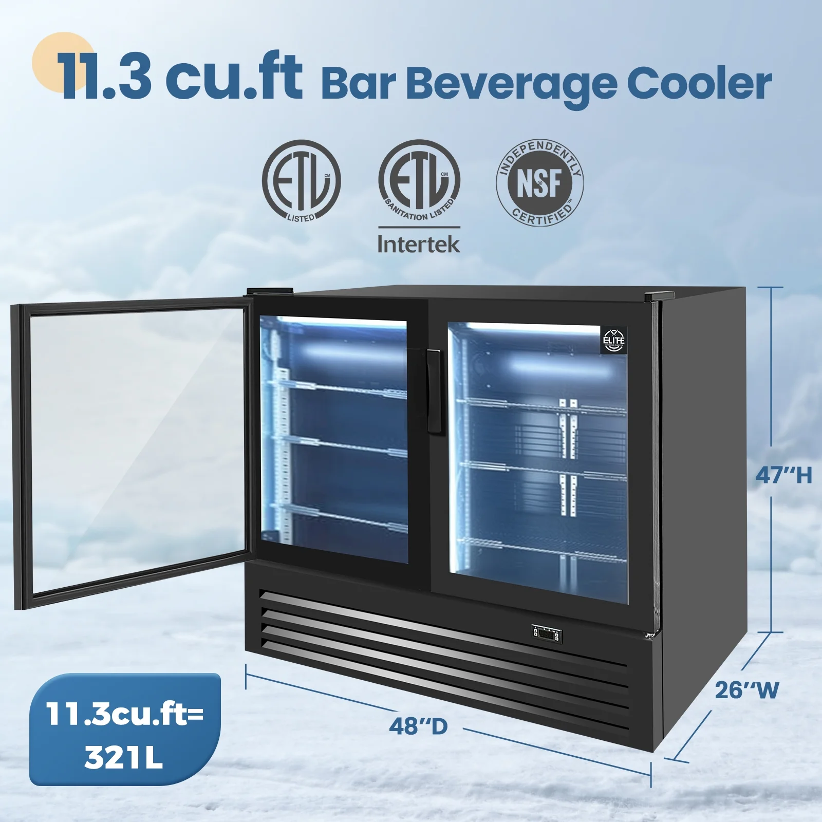 NSF 46 in. 2-Door Beverage Refrigerator, 12 Cu.Ft. Commercial Refrigerator, Back Bar Cooler