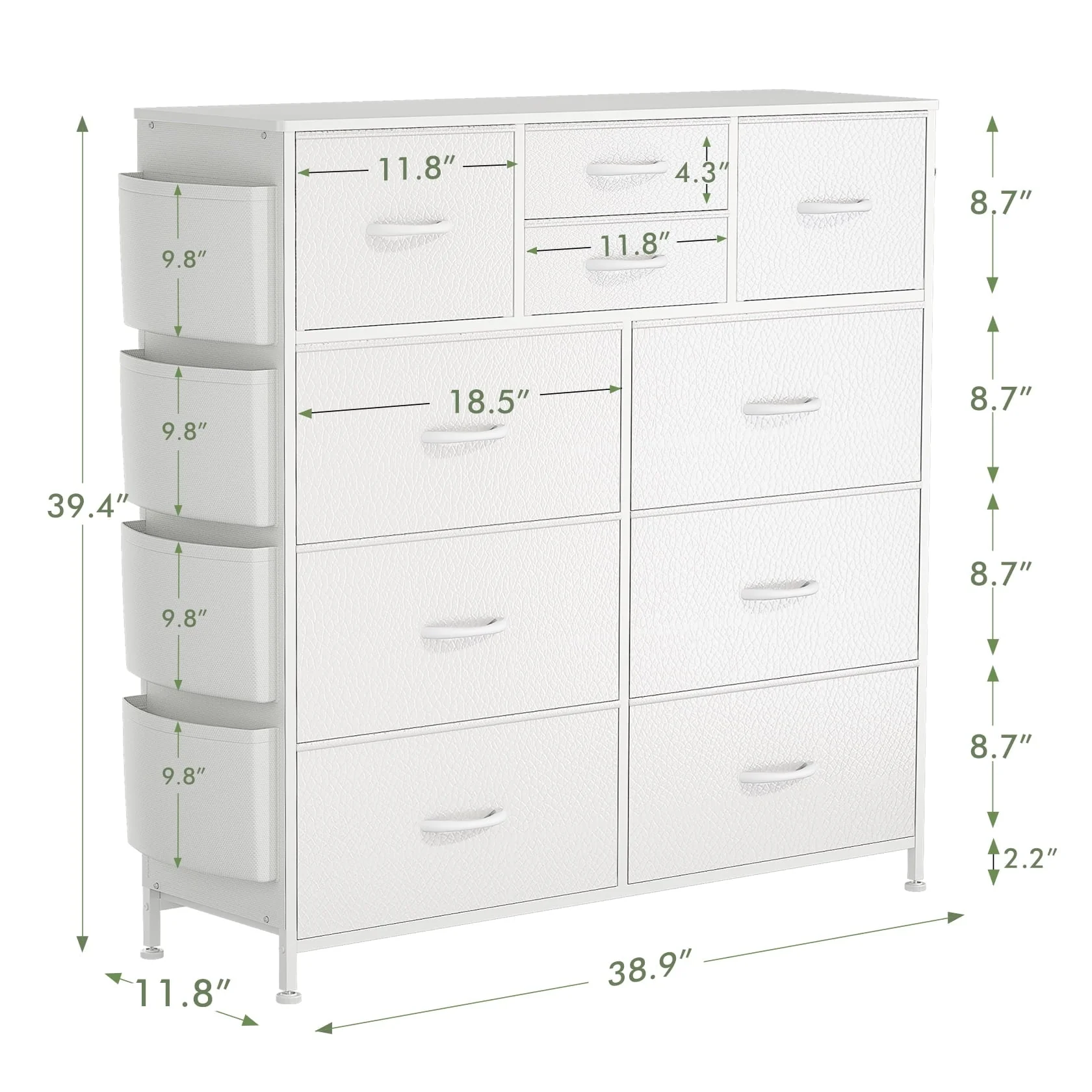 GIKPAL 10 Drawer Dresser, White Dresser Chest of Drawers Dressers for Bedroom Modern PU&Fabric Dresser Tall Dresser with Side Pockets and Hooks, White